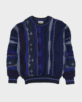 00s Blue Textured Patterned Knitted Jumper - L