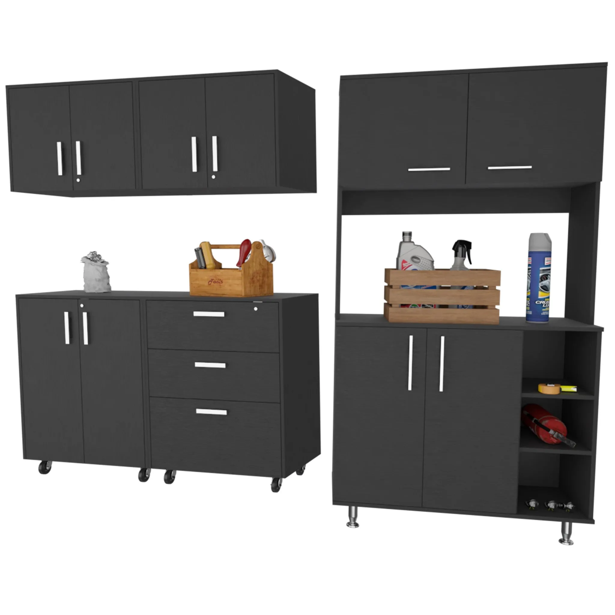 28 Black Wall mounted Accent Cabinet With Nine Shelves And Three Drawers