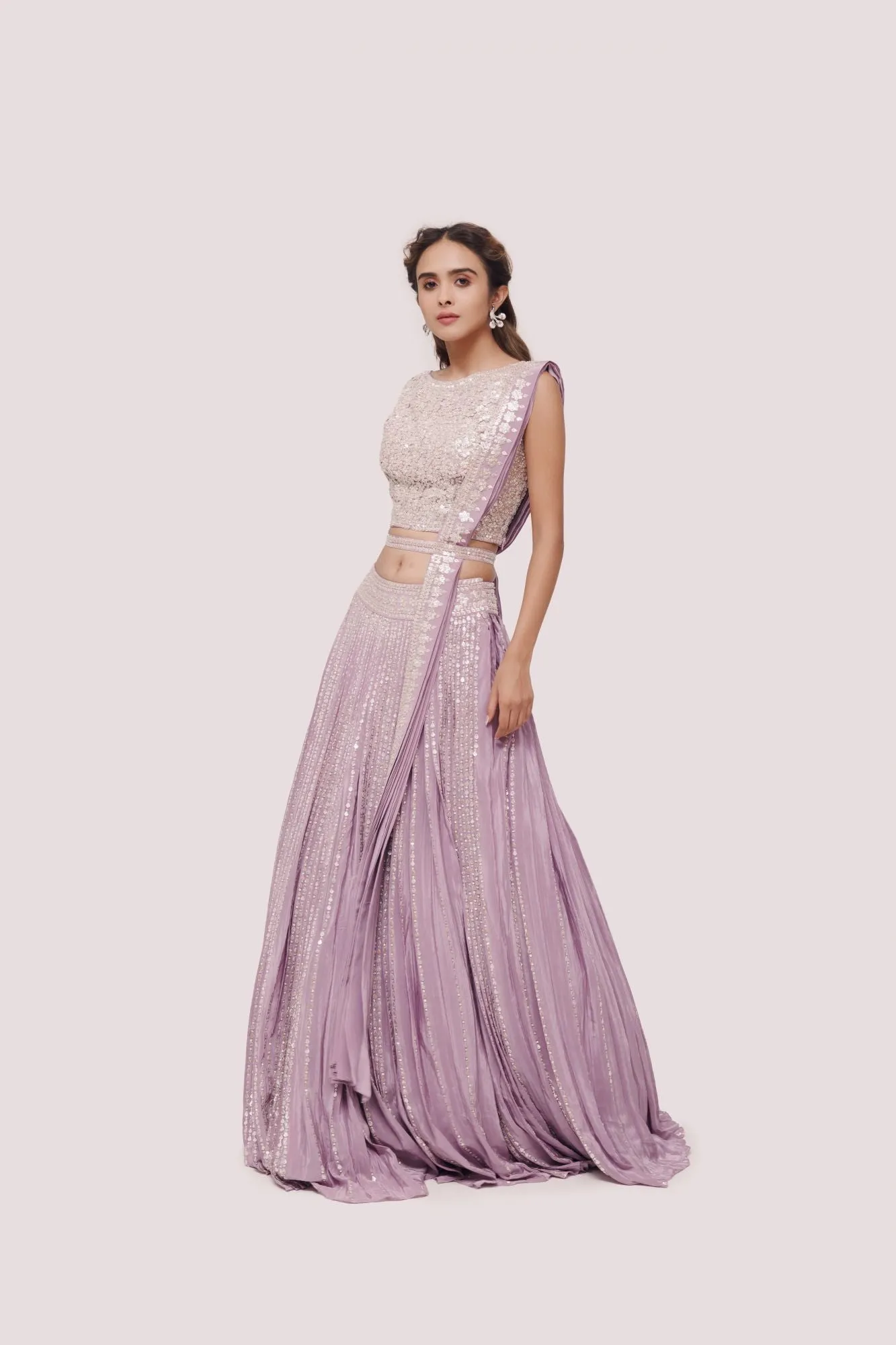 30Z342-RO Lavender Embroidered Crepe Lehenga with Belt