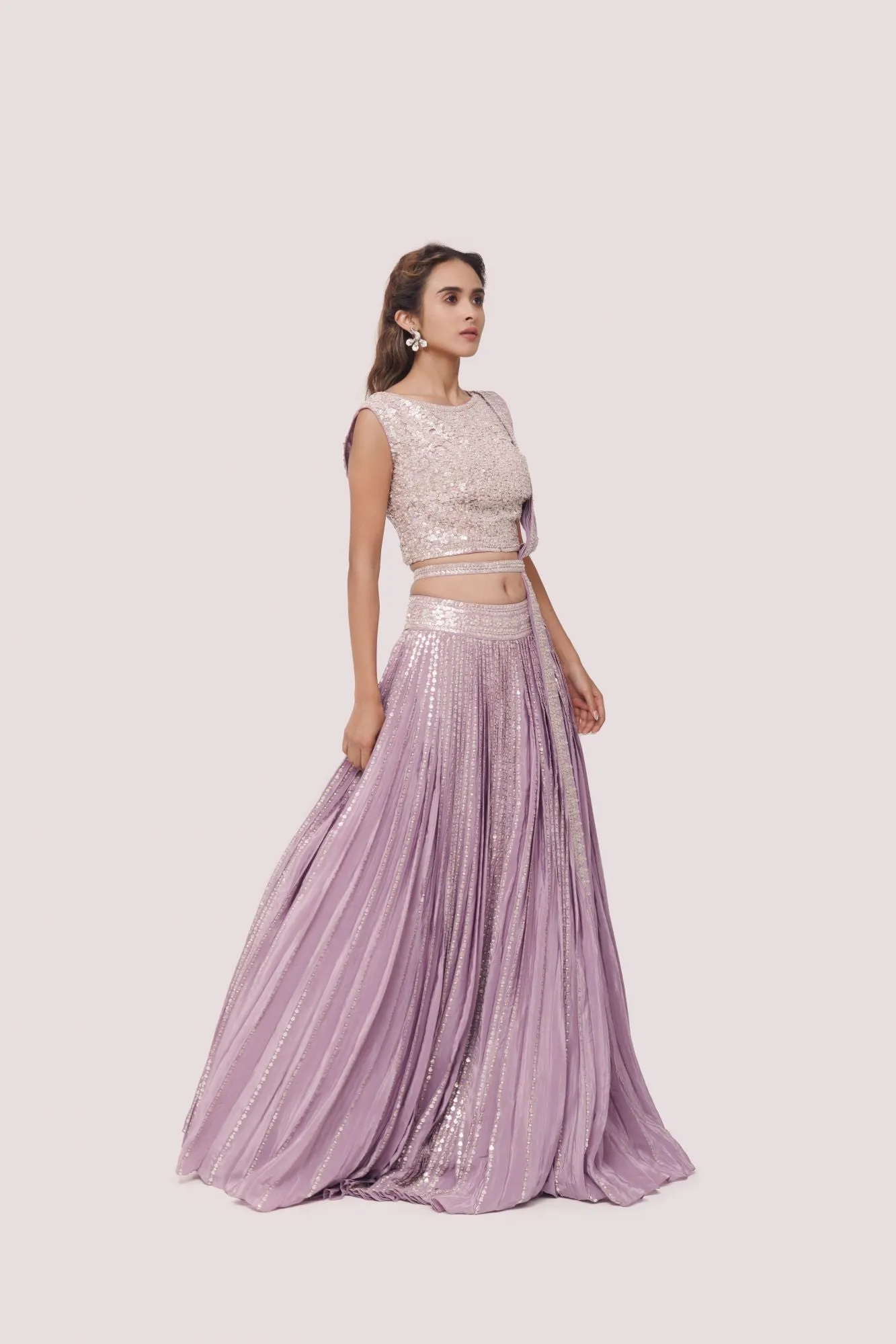 30Z342-RO Lavender Embroidered Crepe Lehenga with Belt