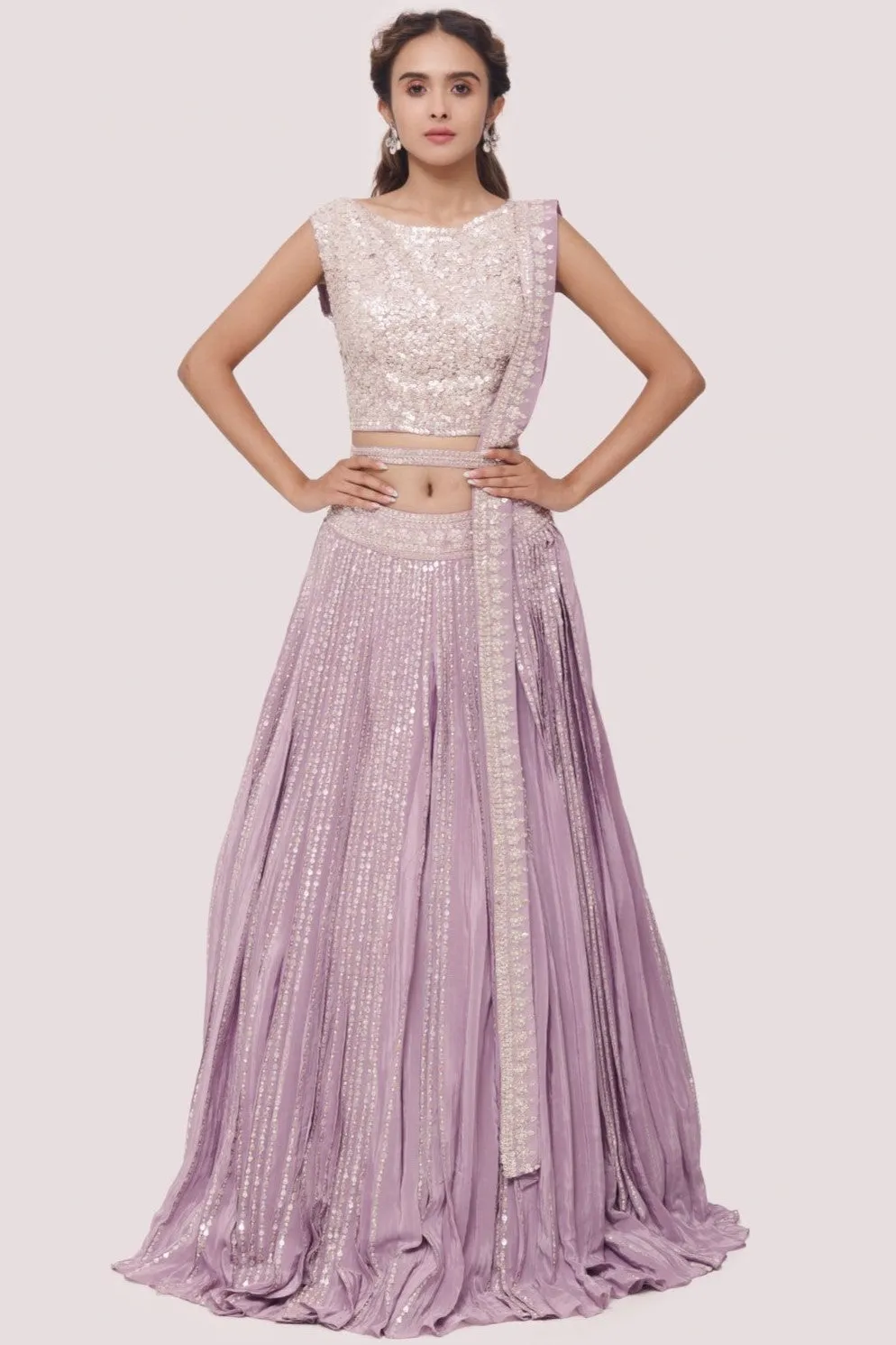 30Z342-RO Lavender Embroidered Crepe Lehenga with Belt