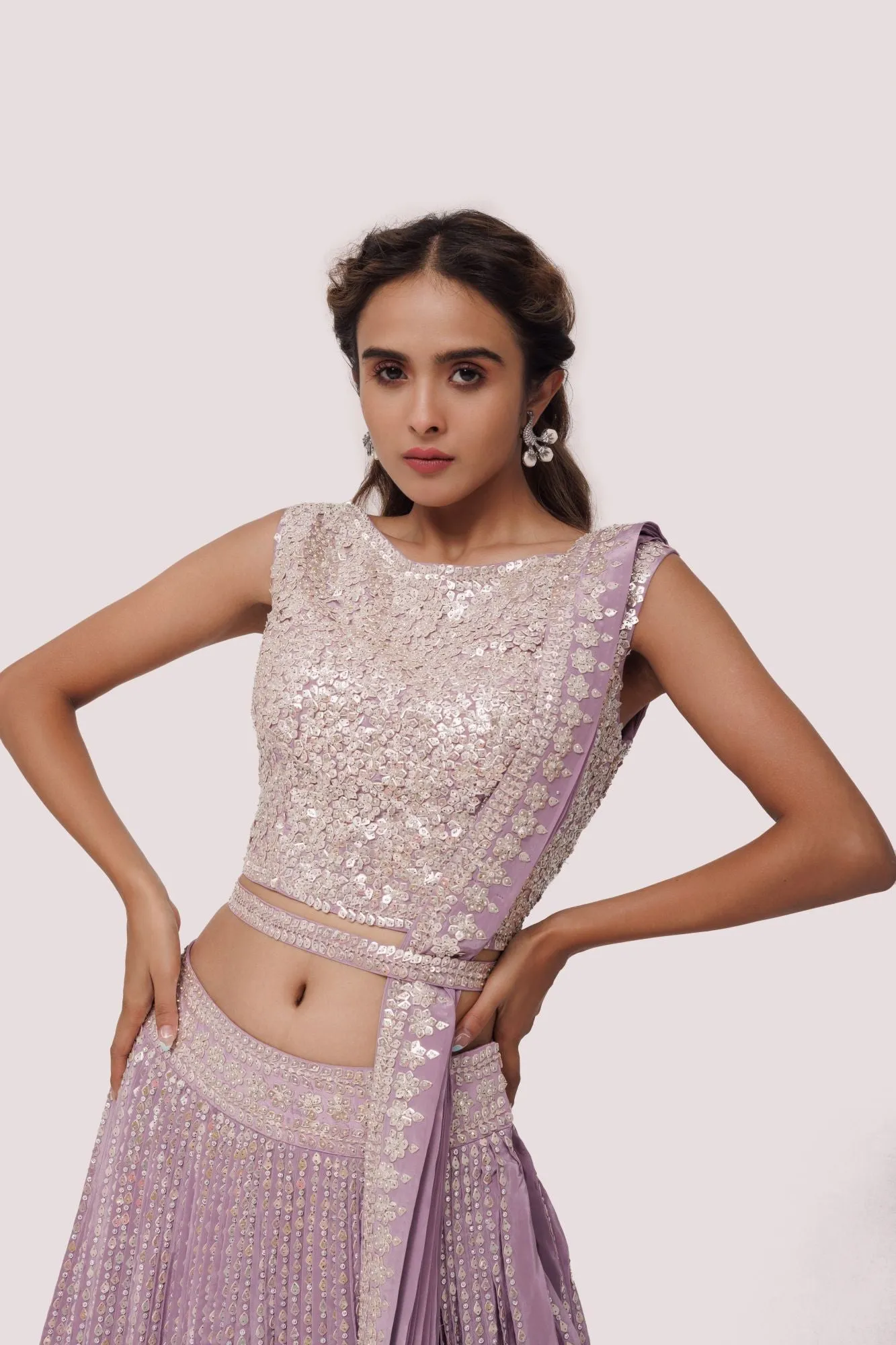 30Z342-RO Lavender Embroidered Crepe Lehenga with Belt