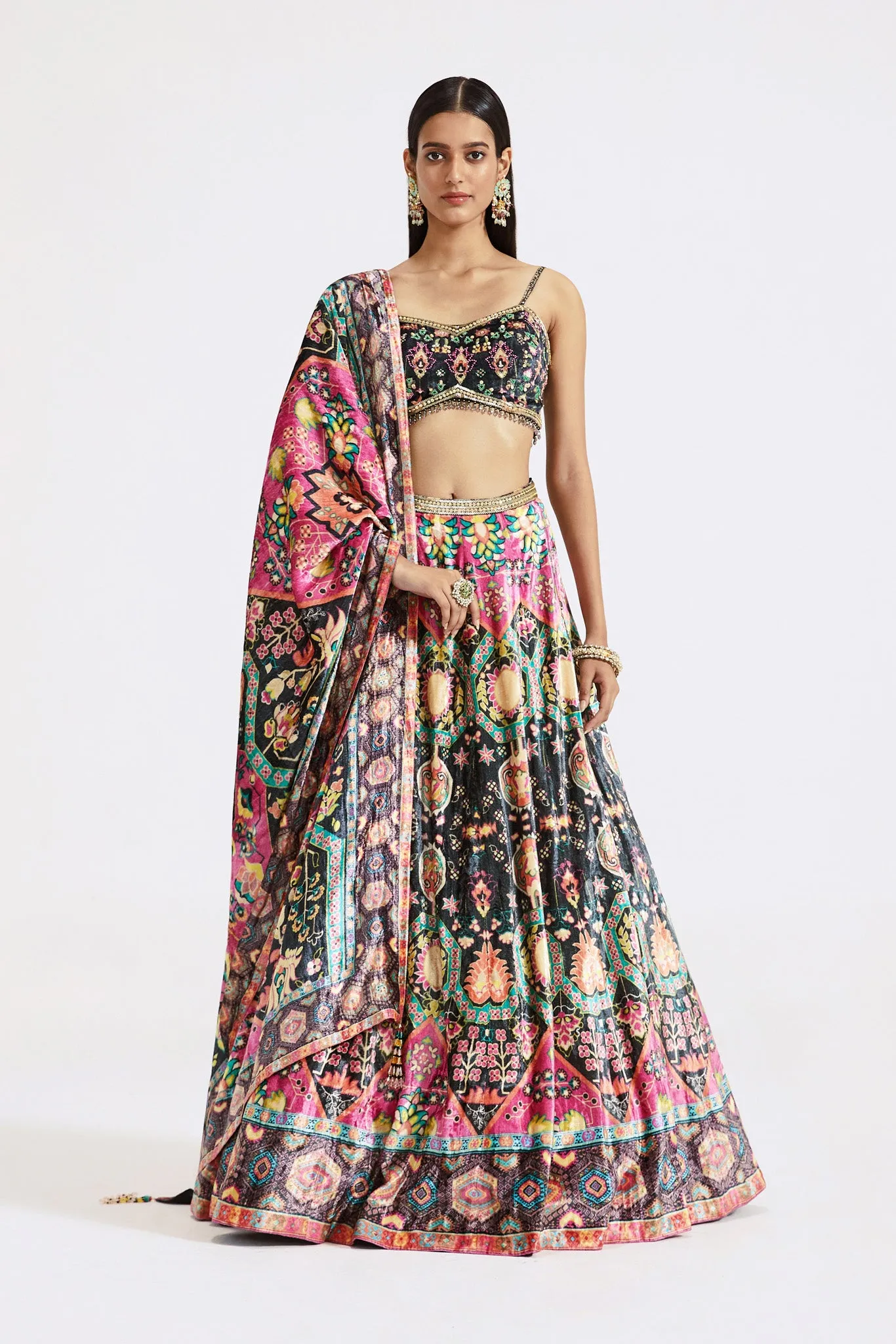 30Z366-RO Multicolor Embroidered Velvet Lehenga with Dupatta