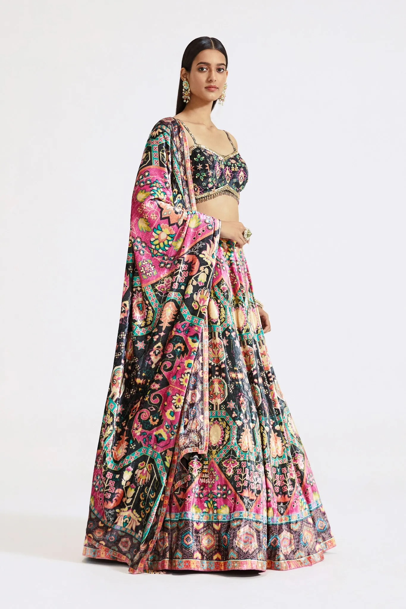 30Z366-RO Multicolor Embroidered Velvet Lehenga with Dupatta