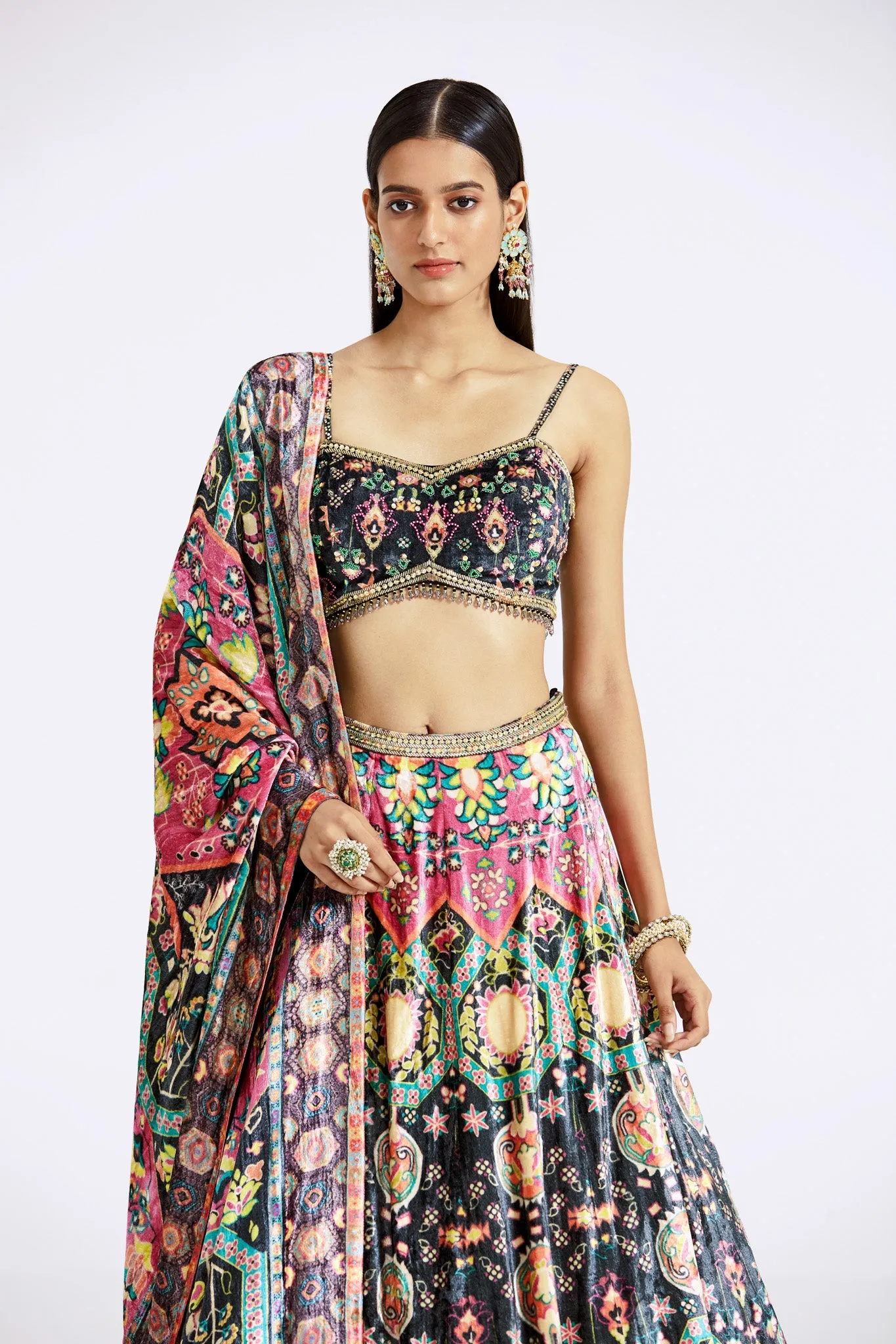 30Z366-RO Multicolor Embroidered Velvet Lehenga with Dupatta