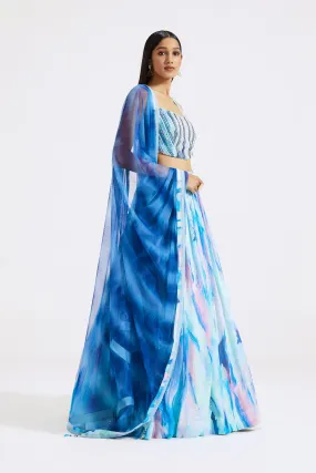 30Z379-RO Aqua Blue Printed Embellished Georgette Lehenga