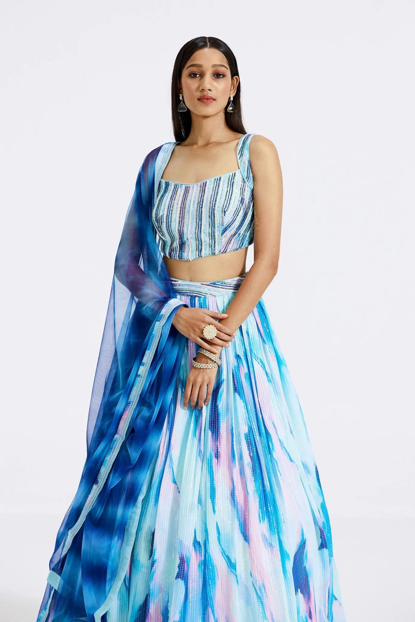 30Z379-RO Aqua Blue Printed Embellished Georgette Lehenga