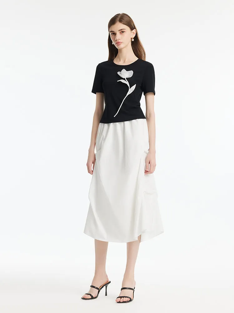 3D Rose T-Shirt And Ruched Skirt Two-Piece Set