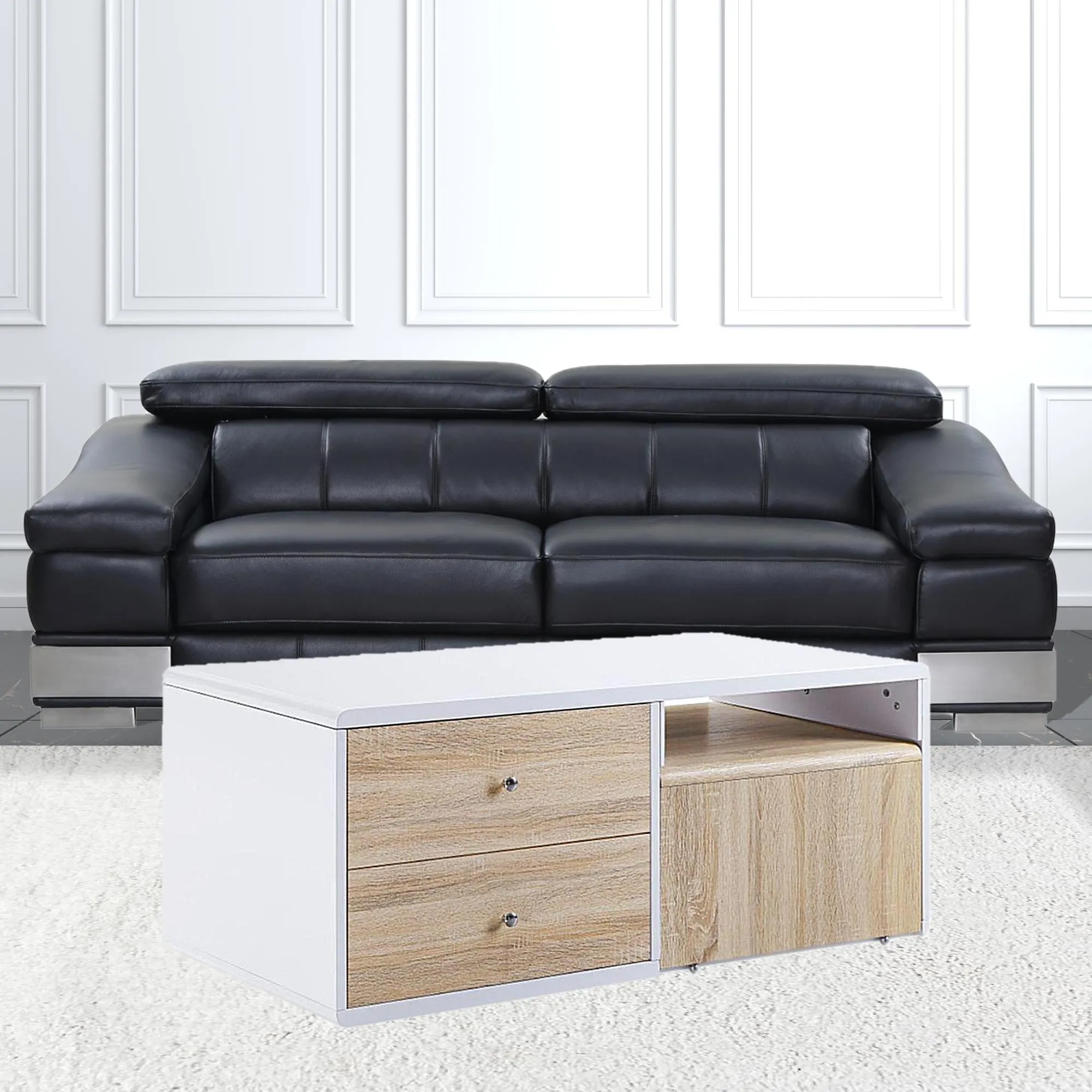 47 White and Natural Coffee Table With Four Drawers