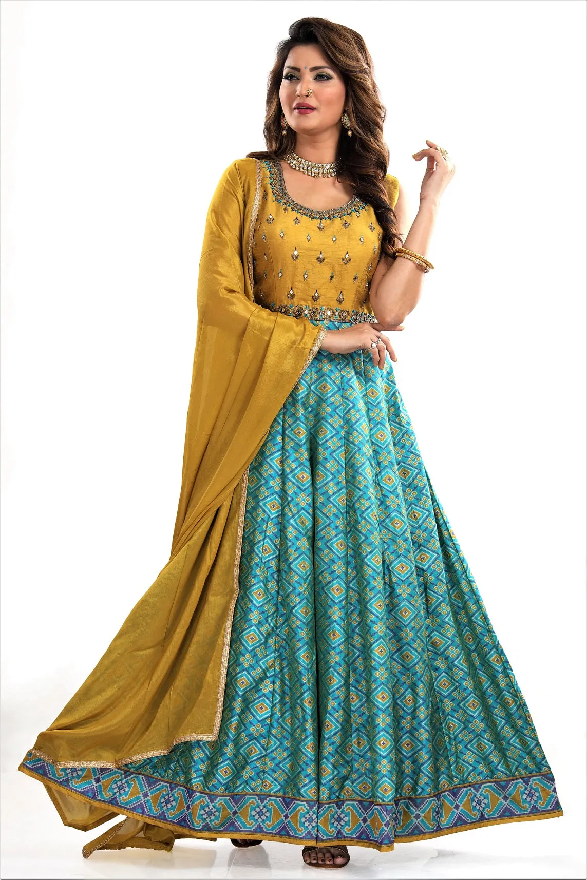 50Y060-RO Yellow and Blue Patola Print Dupion Silk Embroidered Anarkali