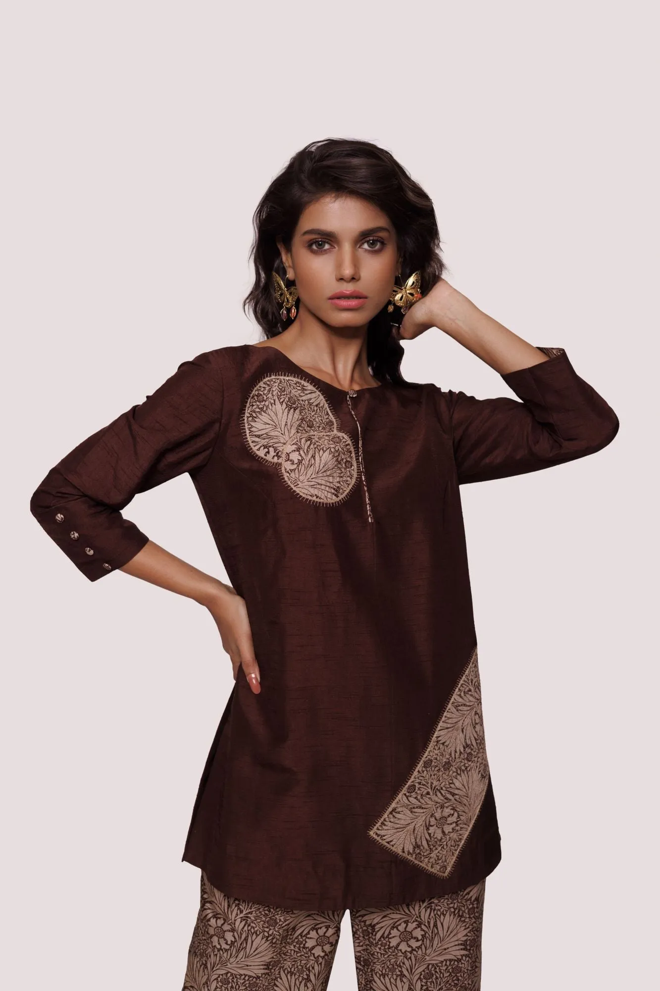 50Z958-RO Brown Printed Silk Palazzo Set