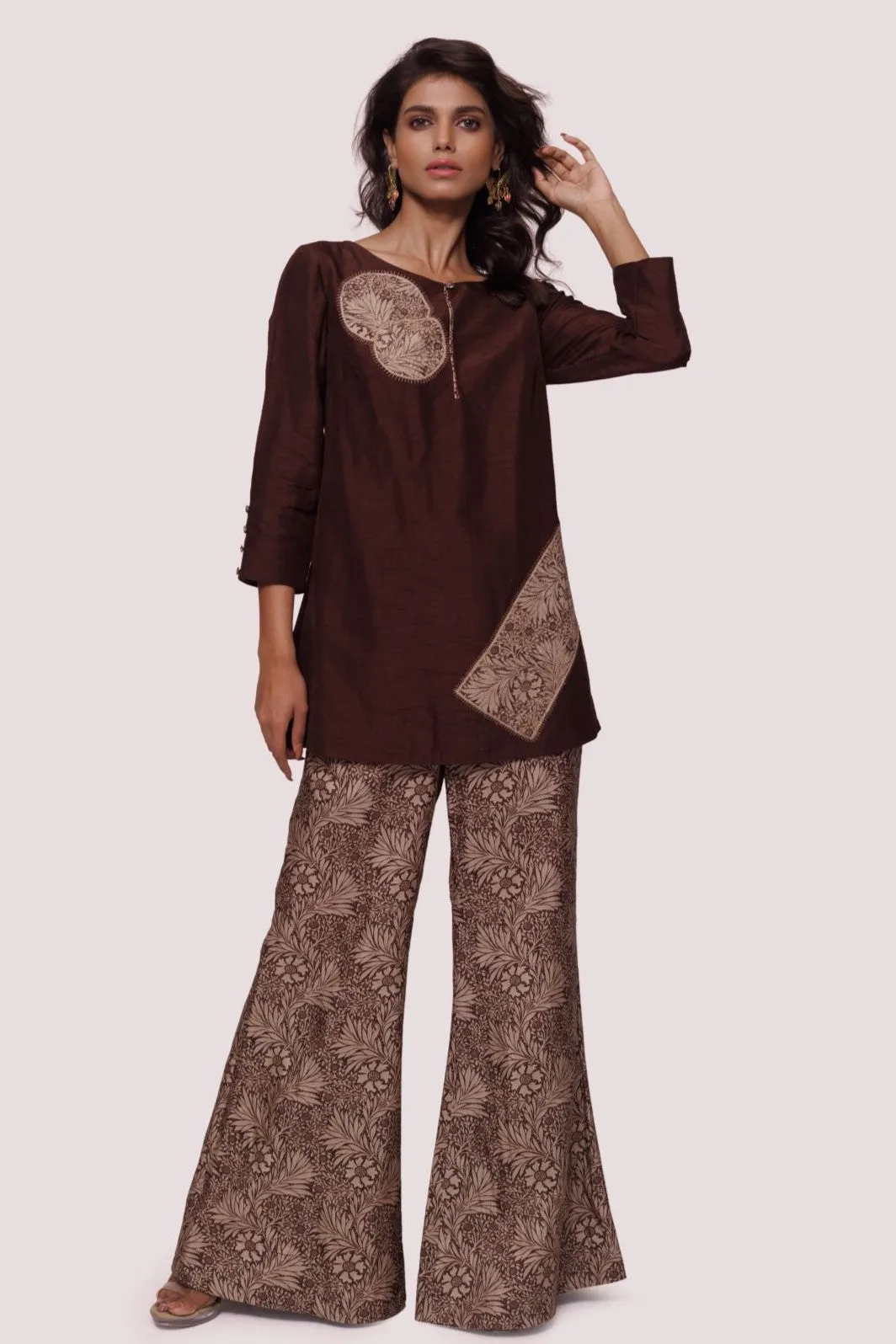 50Z958-RO Brown Printed Silk Palazzo Set