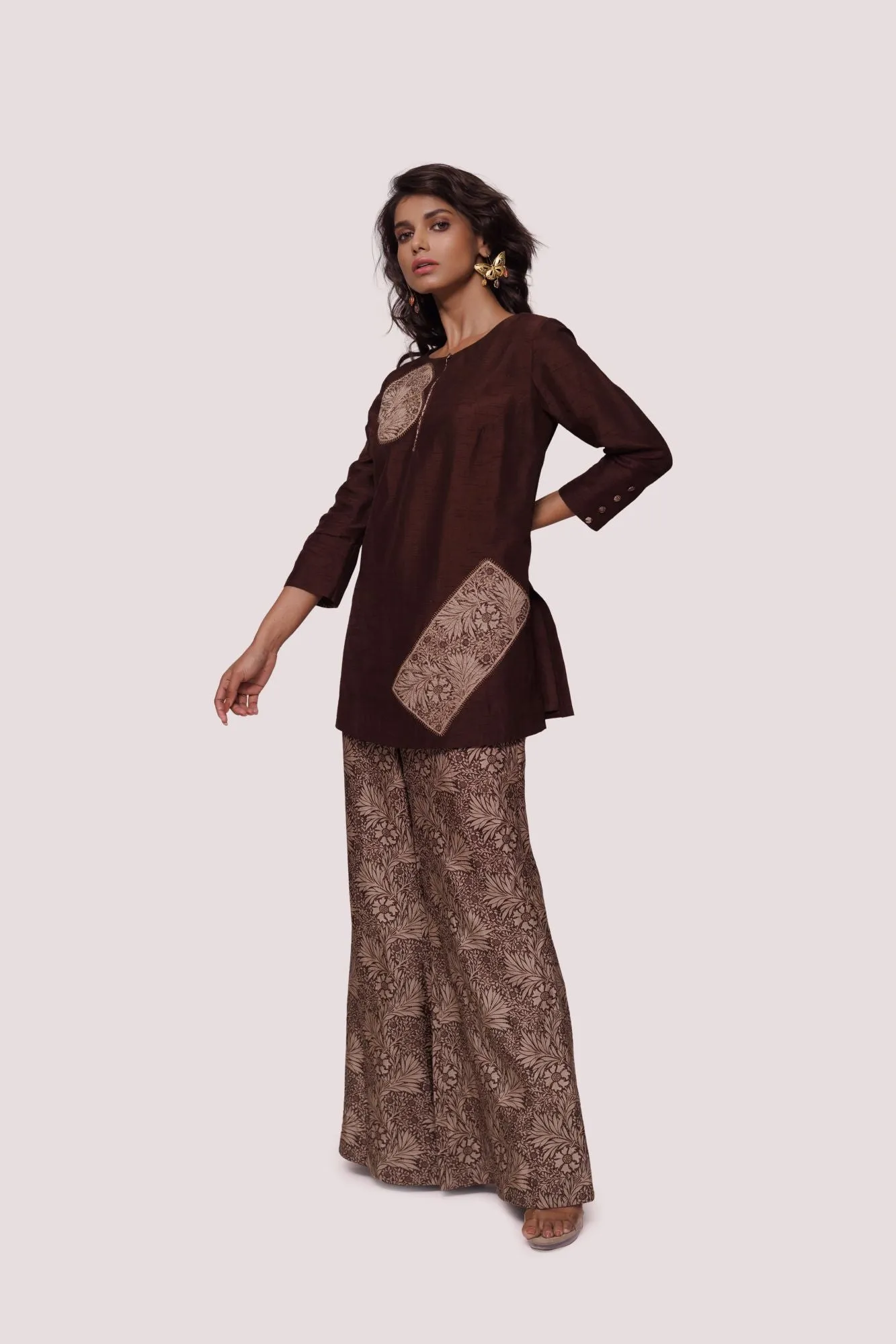 50Z958-RO Brown Printed Silk Palazzo Set