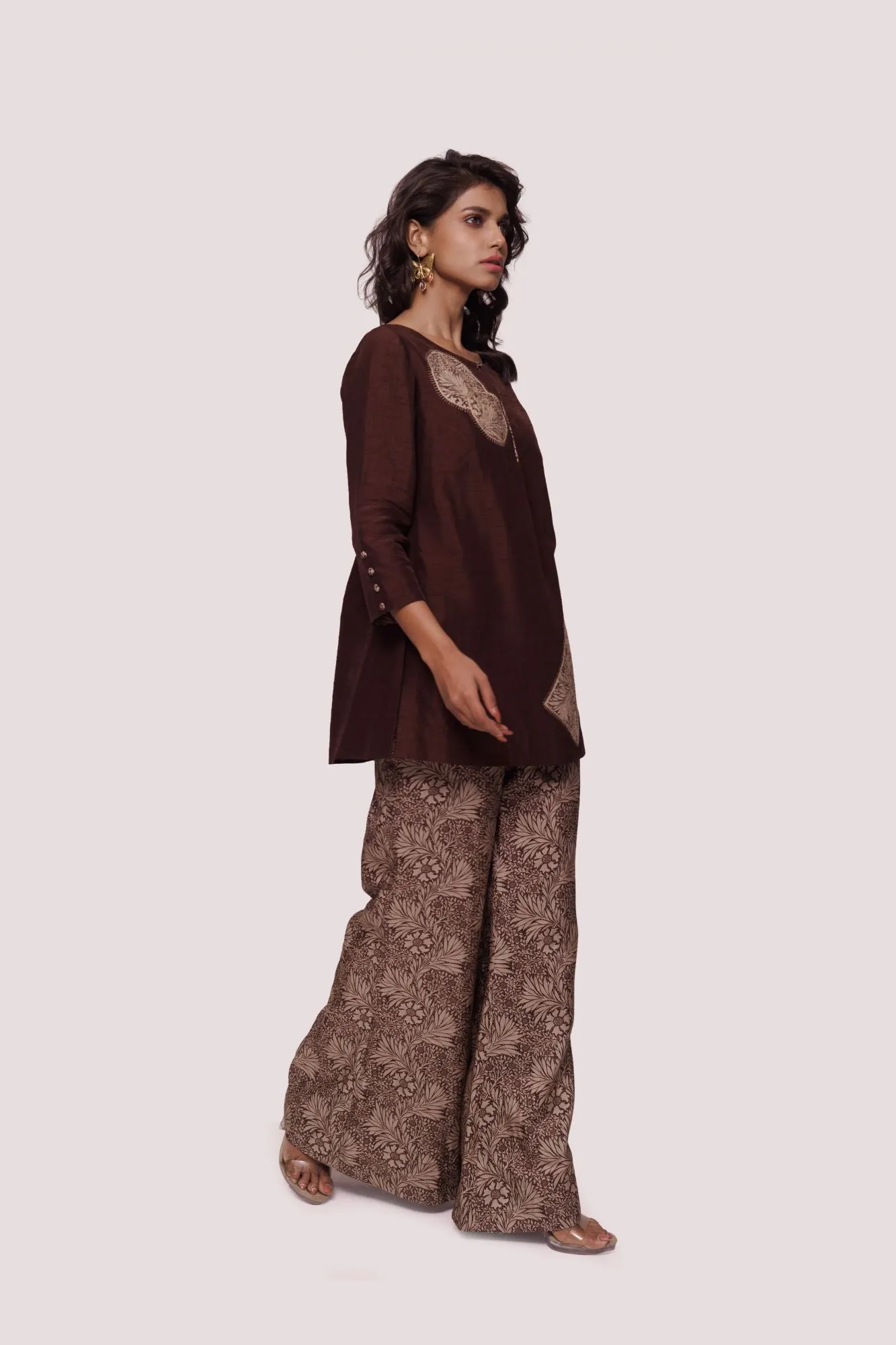 50Z958-RO Brown Printed Silk Palazzo Set