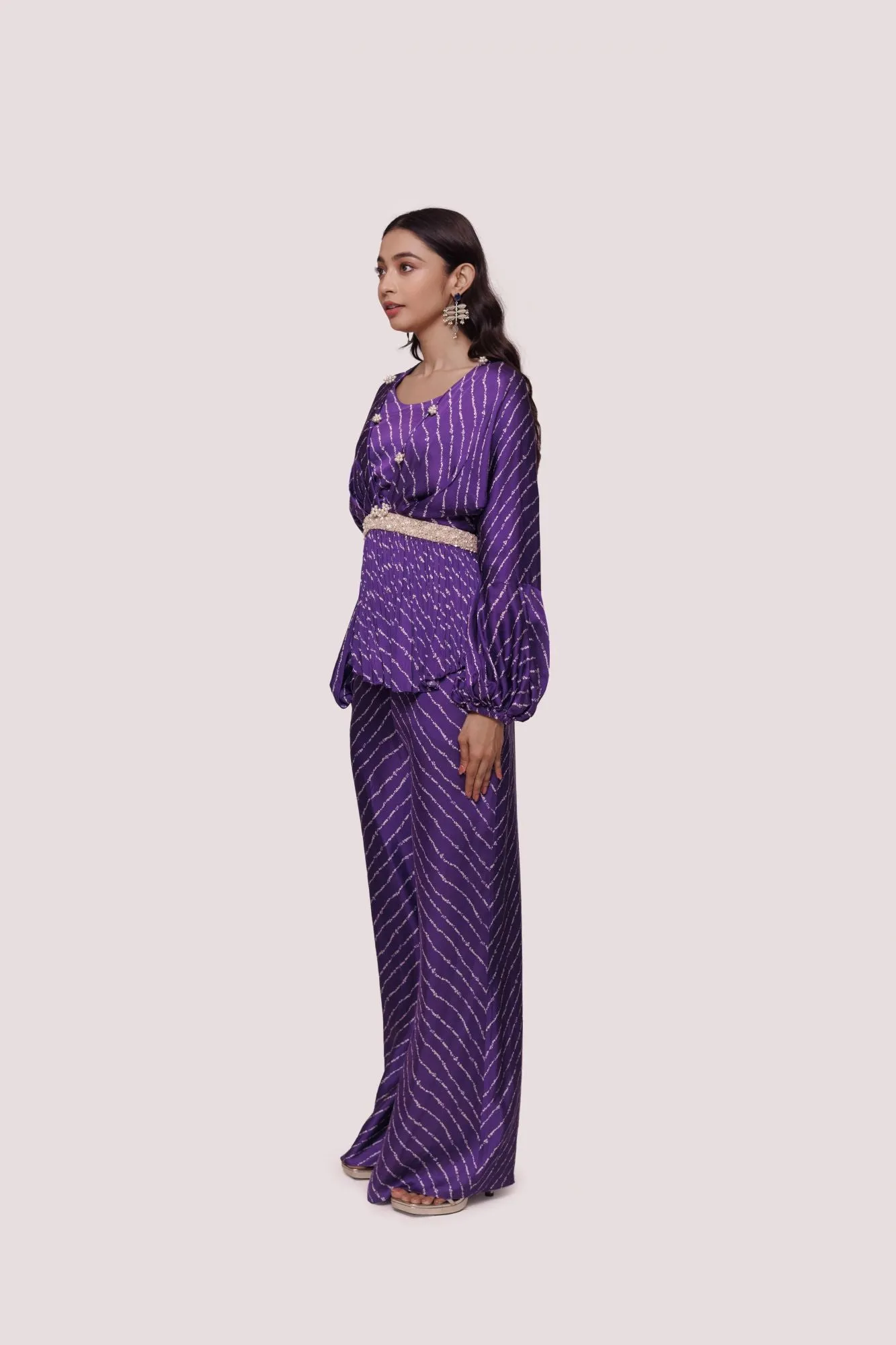 50Z959-RO Purple Bandhej Print Satin Palazzo Set