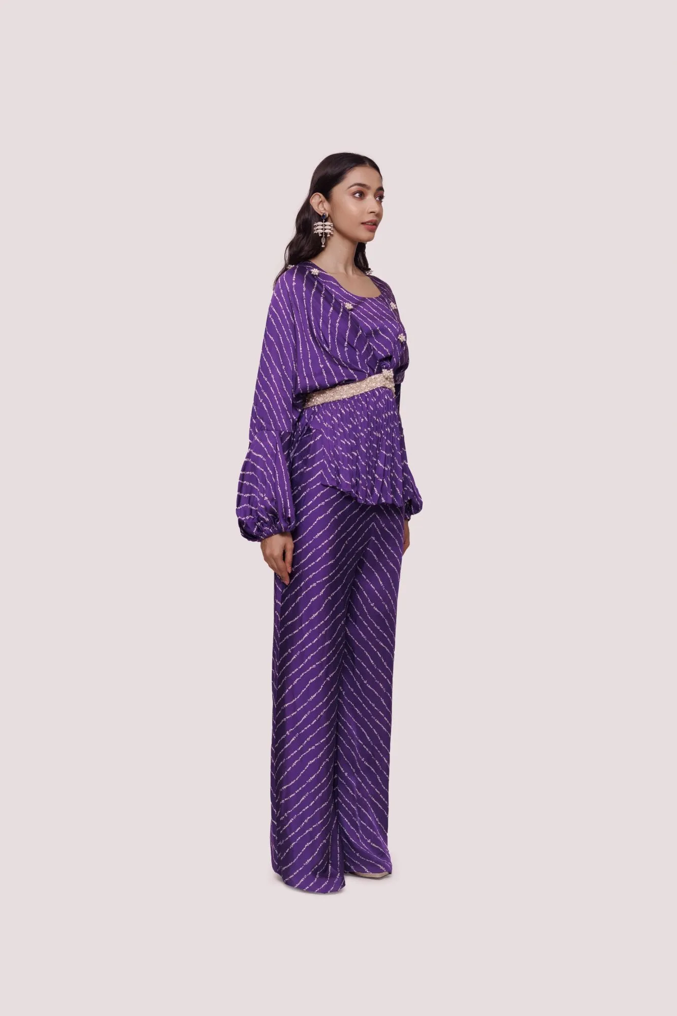 50Z959-RO Purple Bandhej Print Satin Palazzo Set