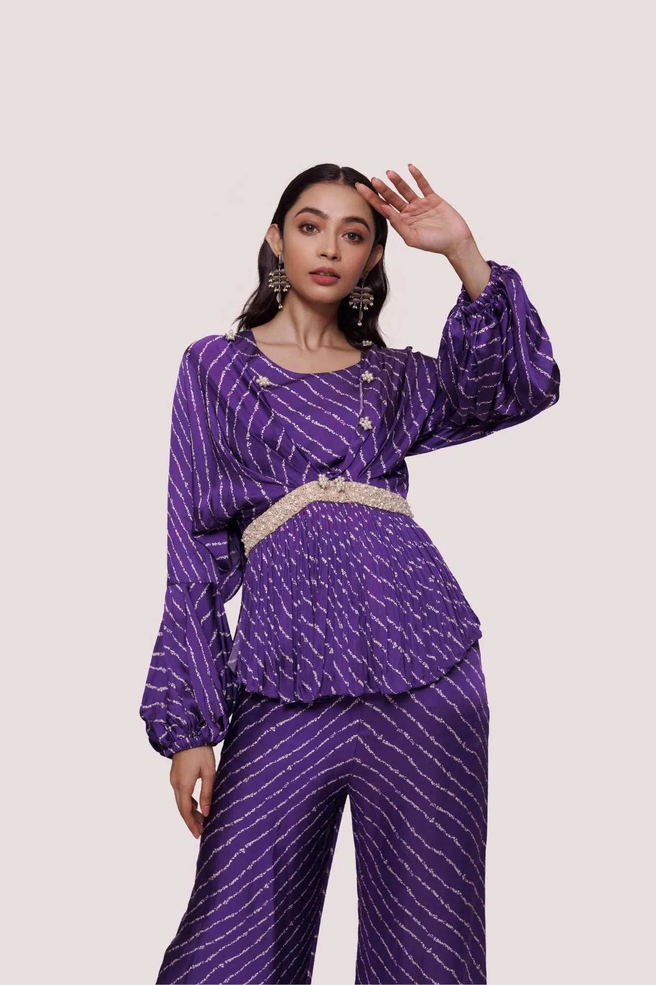 50Z959-RO Purple Bandhej Print Satin Palazzo Set