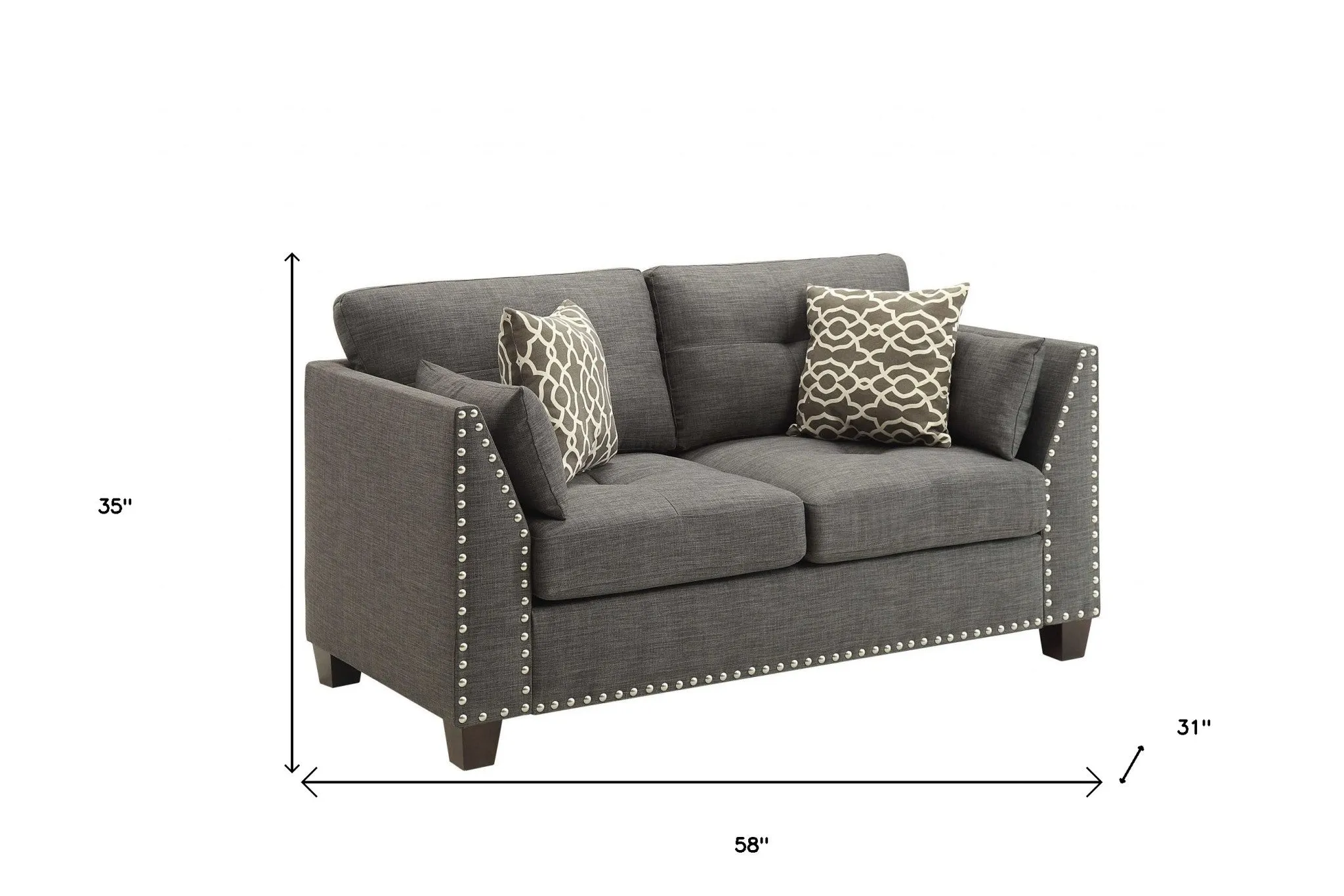 58 Light Gray And Dark Brown Polyester Blend Loveseat and Toss Pillows