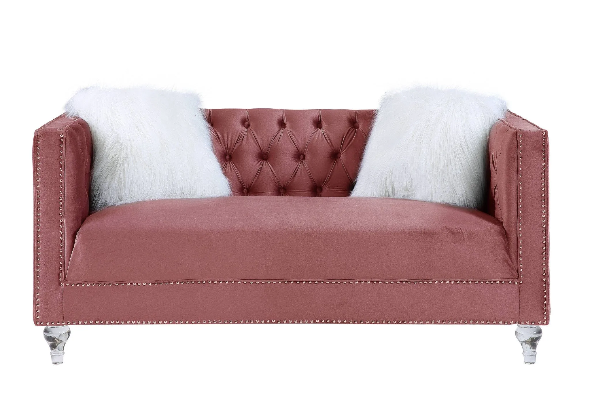 65 Pink And Silver Velvet Love Seat and Toss Pillows