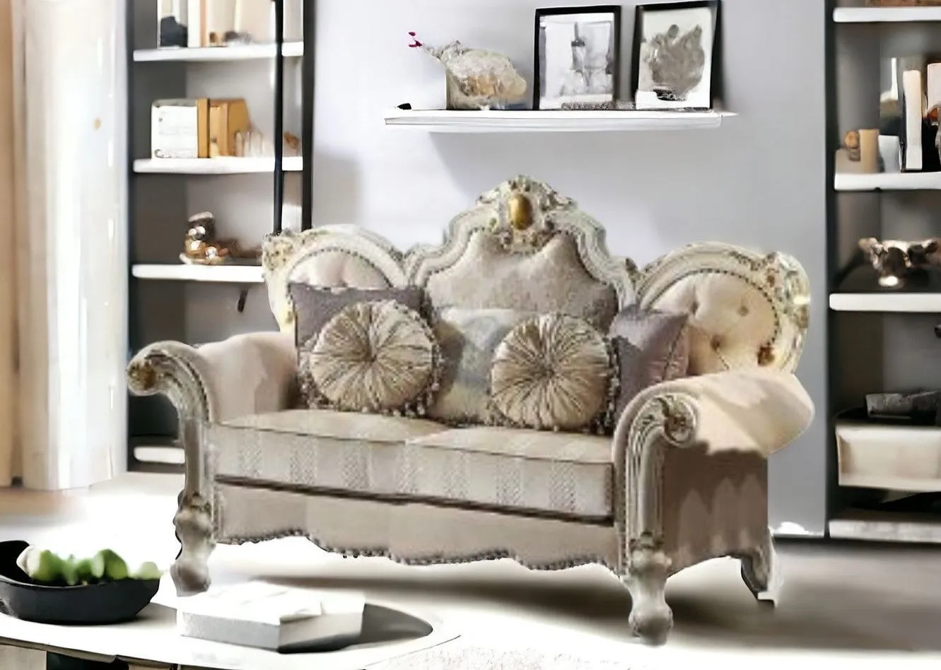 70 Gold And Pearl Velvet Loveseat and Toss Pillows