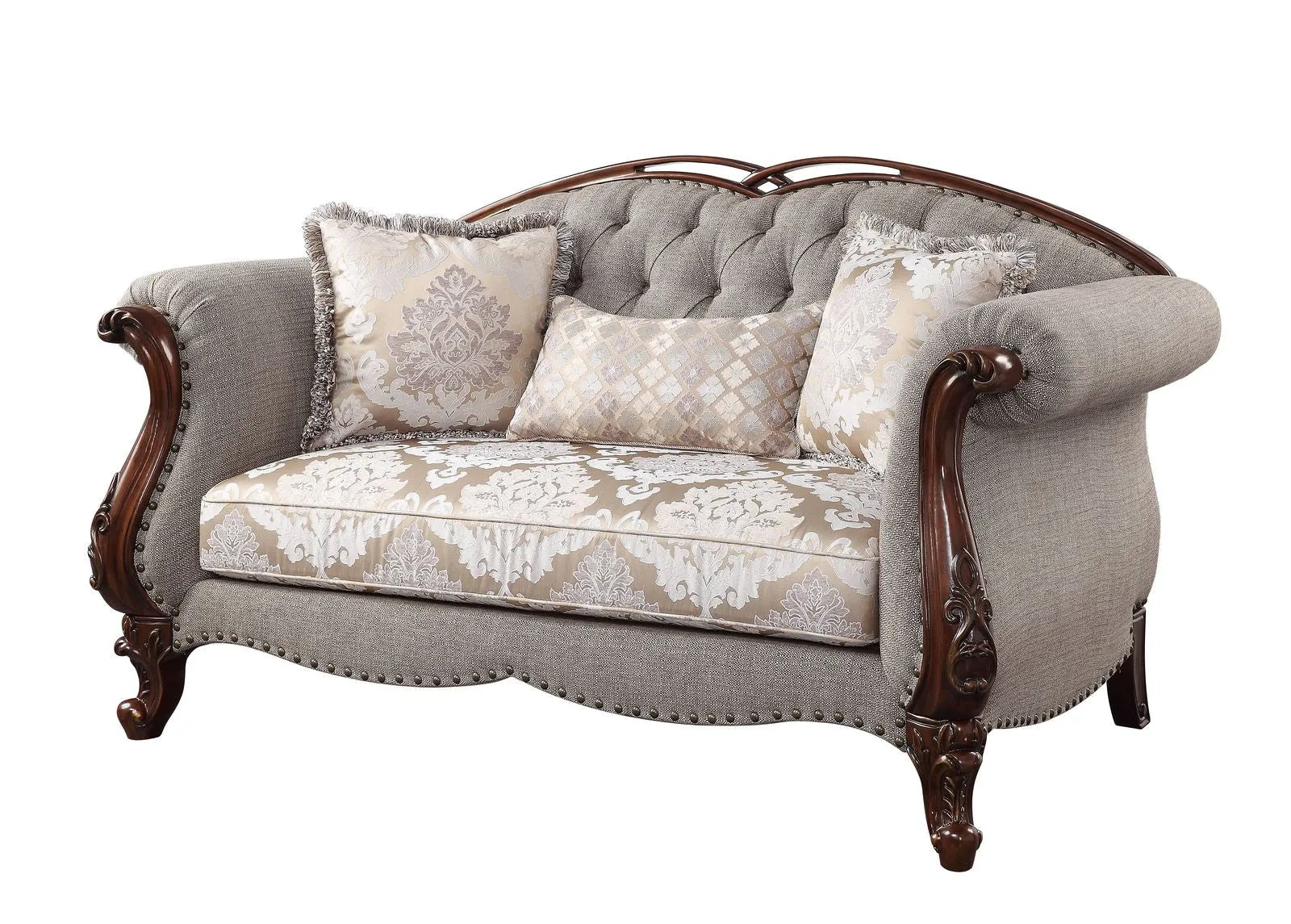 72 Beige And Dark Brown Linen Loveseat and Toss Pillows