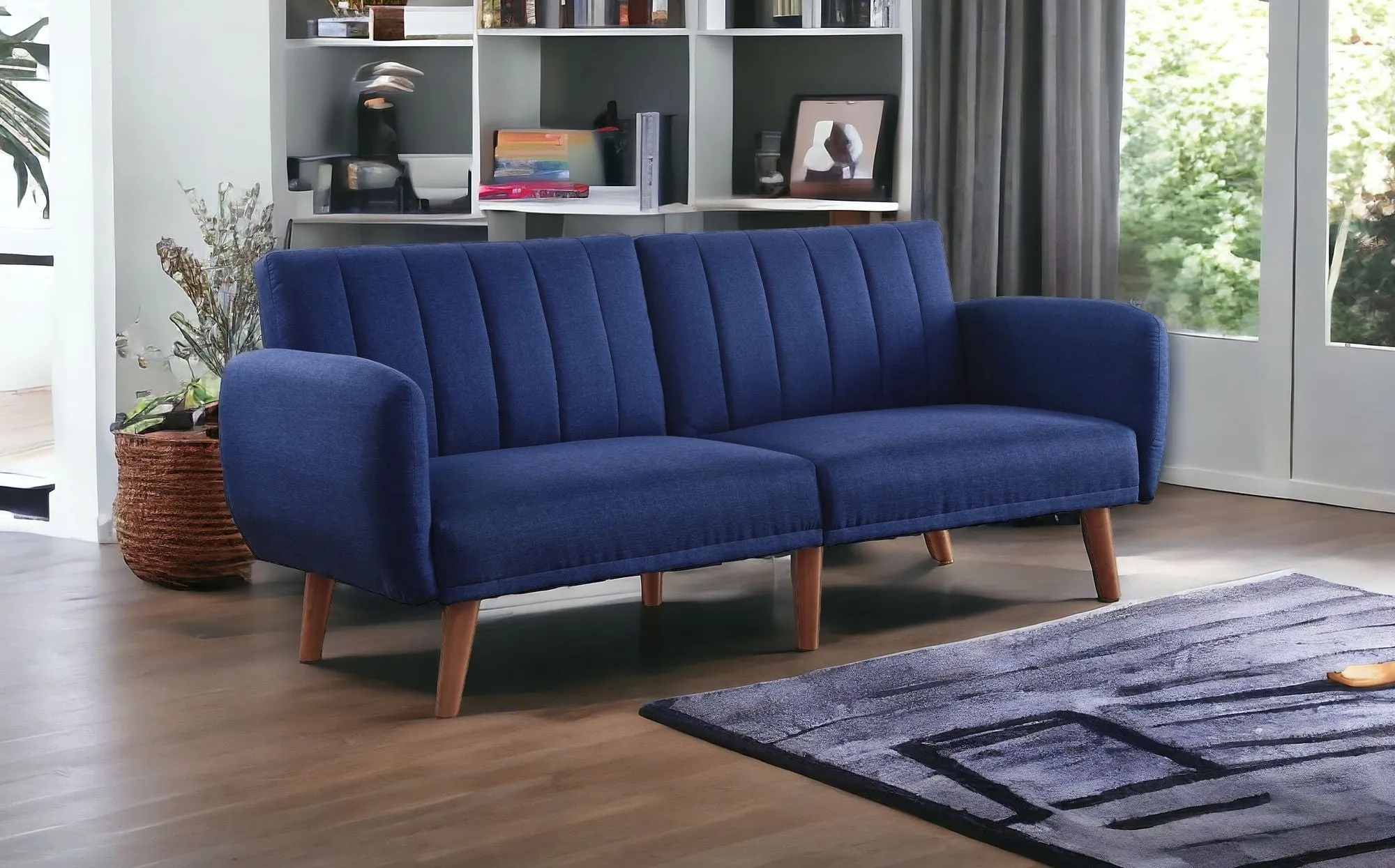 76 Blue Linen And Wood Brown Sleeper Sofa