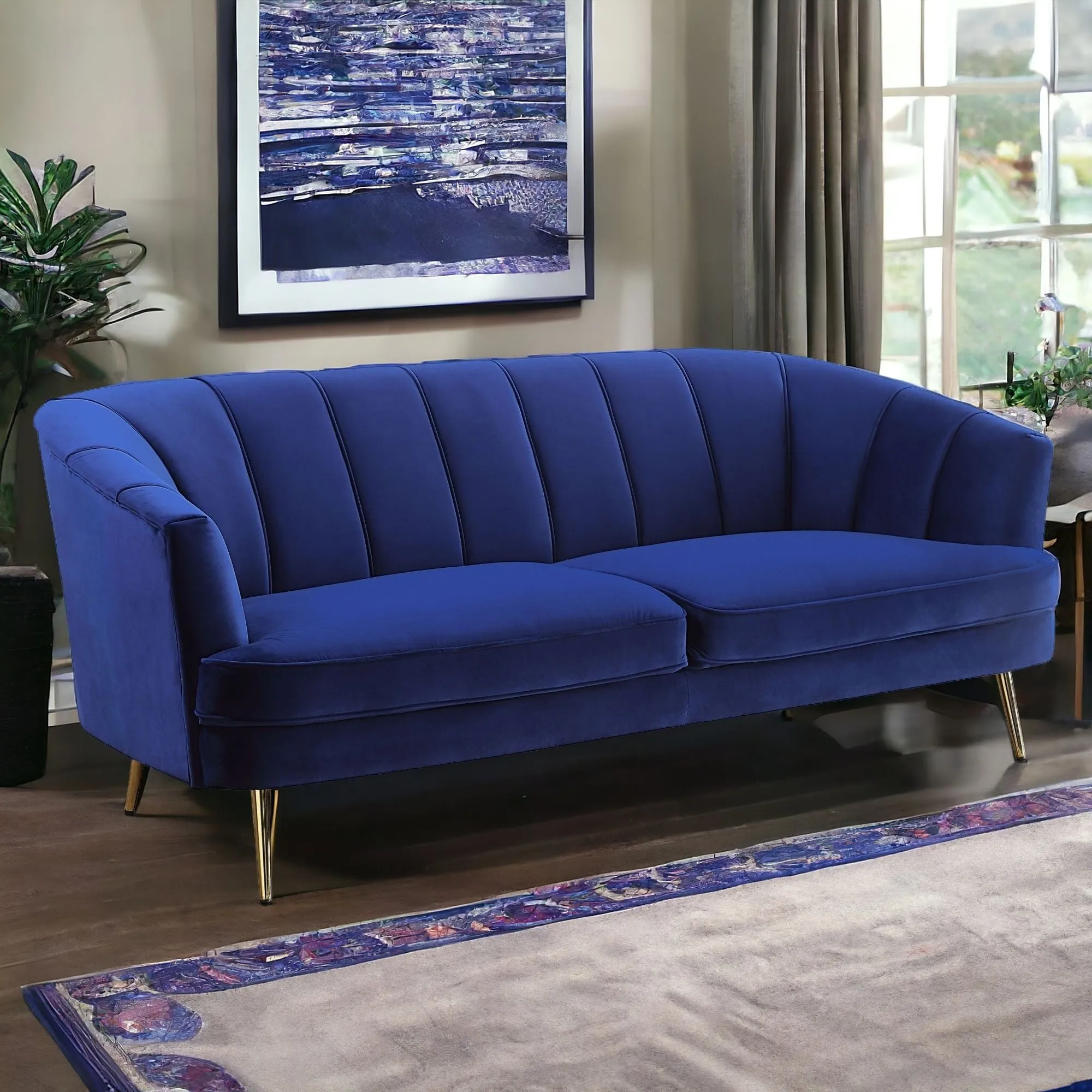 78 Blue Velvet And Gold Sofa