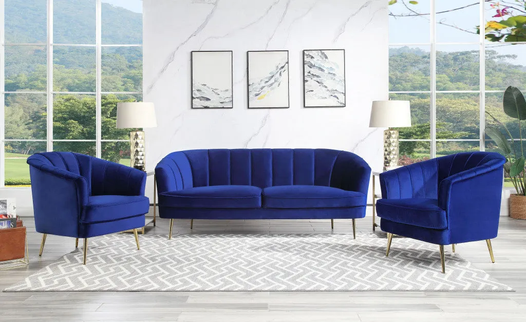 78 Blue Velvet And Gold Sofa