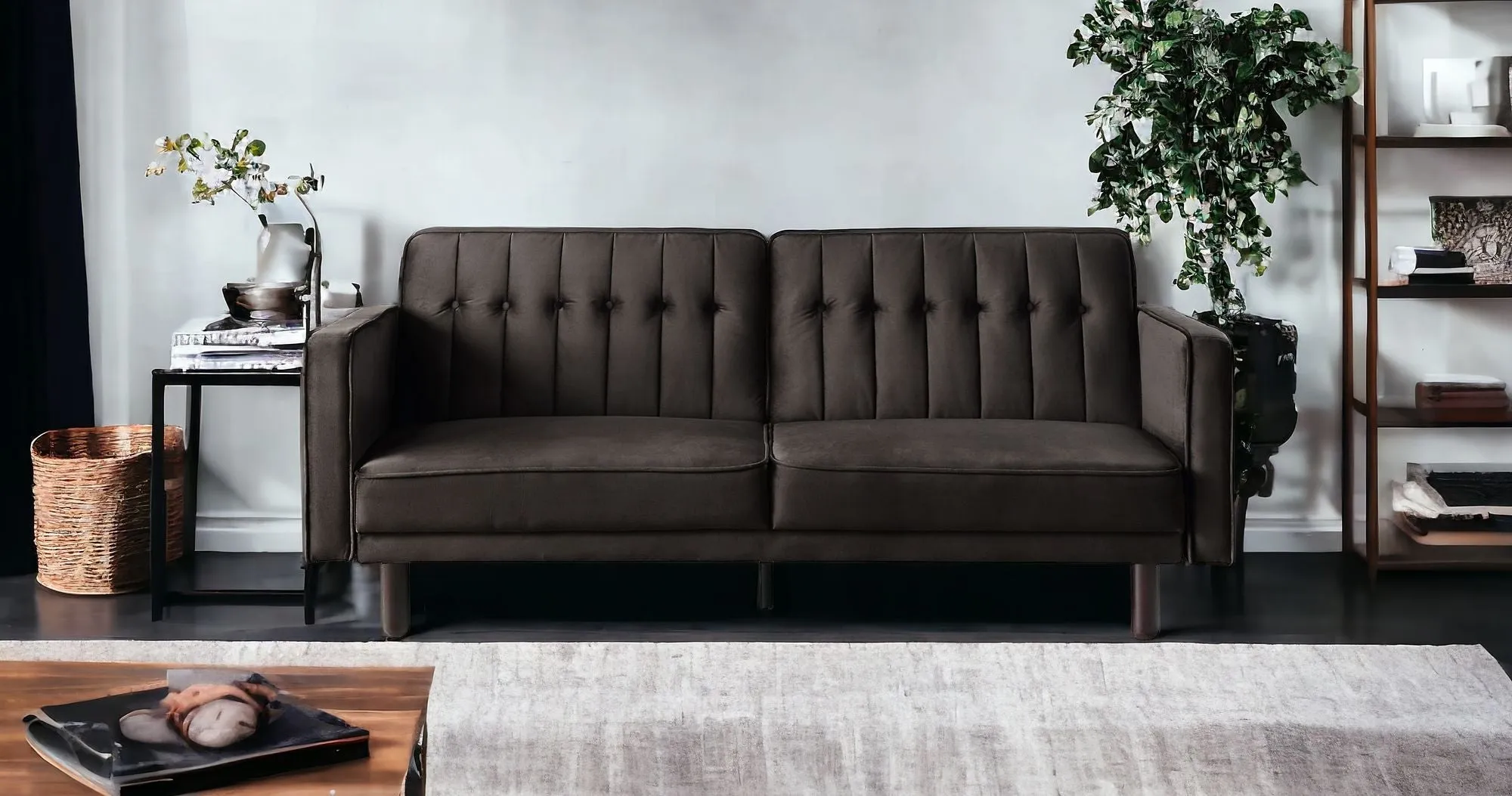 79 Brown Velvet And Black Sleeper Sofa