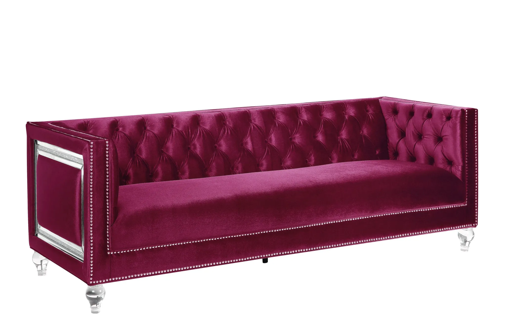 89 Burgundy And Clear Velvet Sofa And Toss Pillows