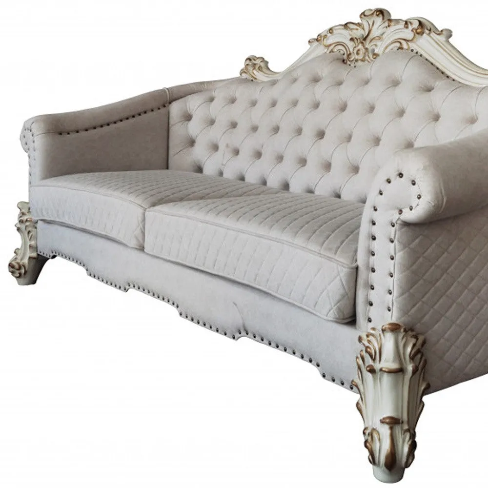 89 Ivory Velvet And Pearl Sofa With Six Toss Pillows