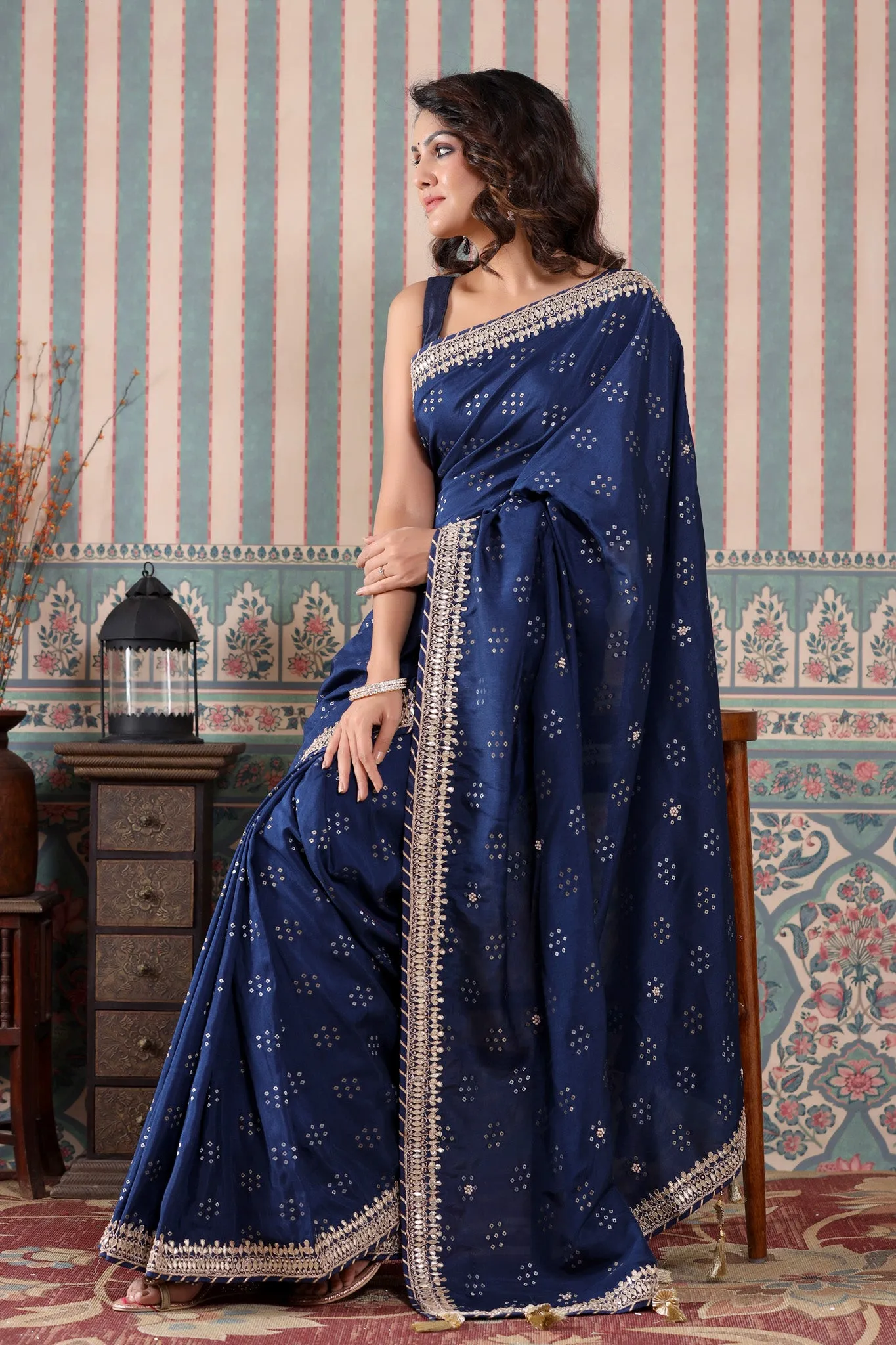 90Z519-RO Navy Blue Georgette Saree with Embroidered Border