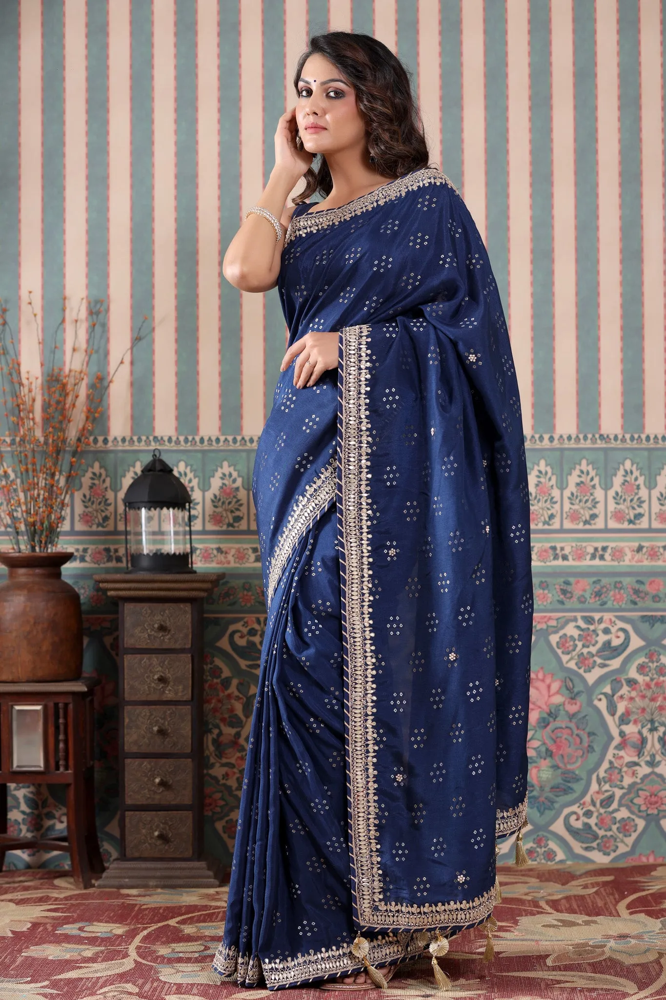 90Z519-RO Navy Blue Georgette Saree with Embroidered Border