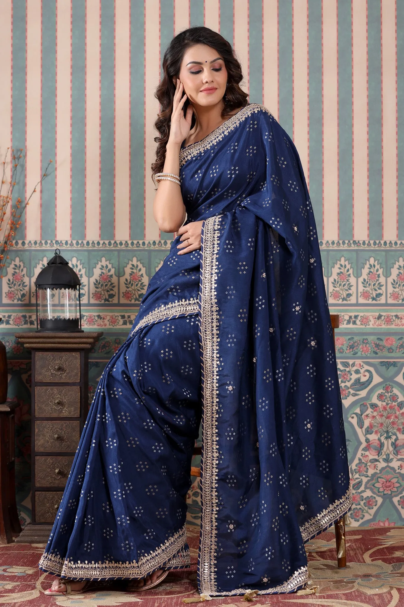 90Z519-RO Navy Blue Georgette Saree with Embroidered Border