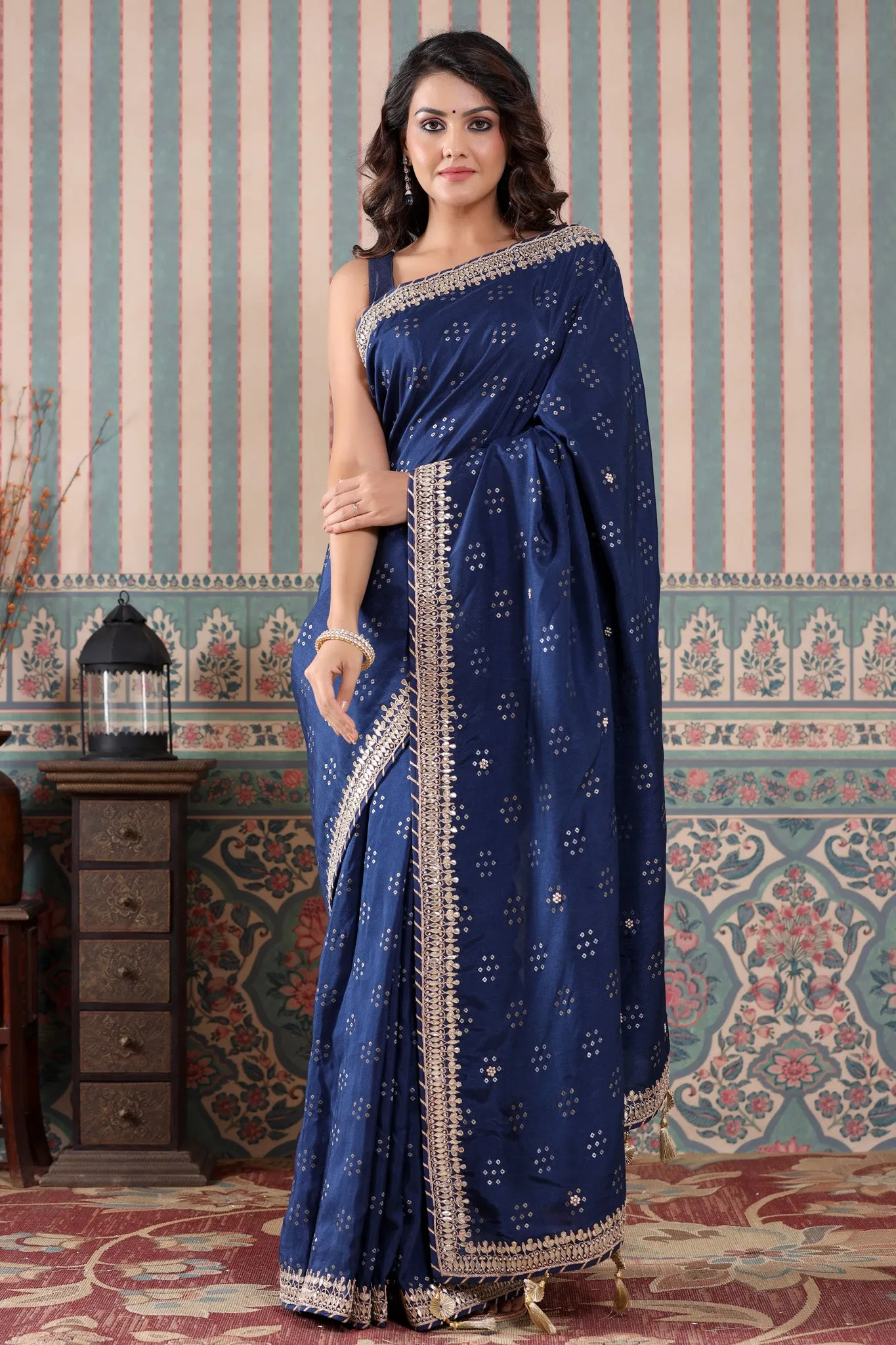 90Z519-RO Navy Blue Georgette Saree with Embroidered Border