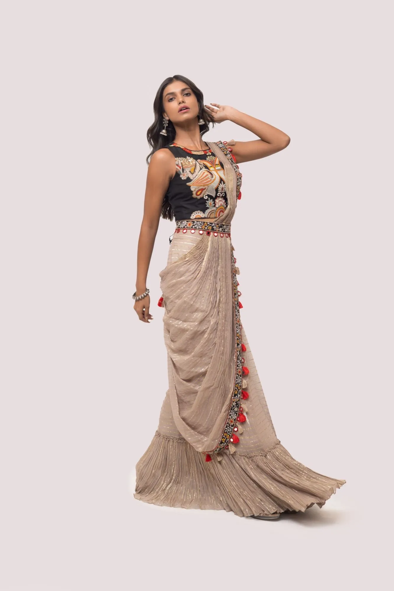 90Z890-RO Beige Silk Pre Stiched Saree Set With Sleeveless Blouse