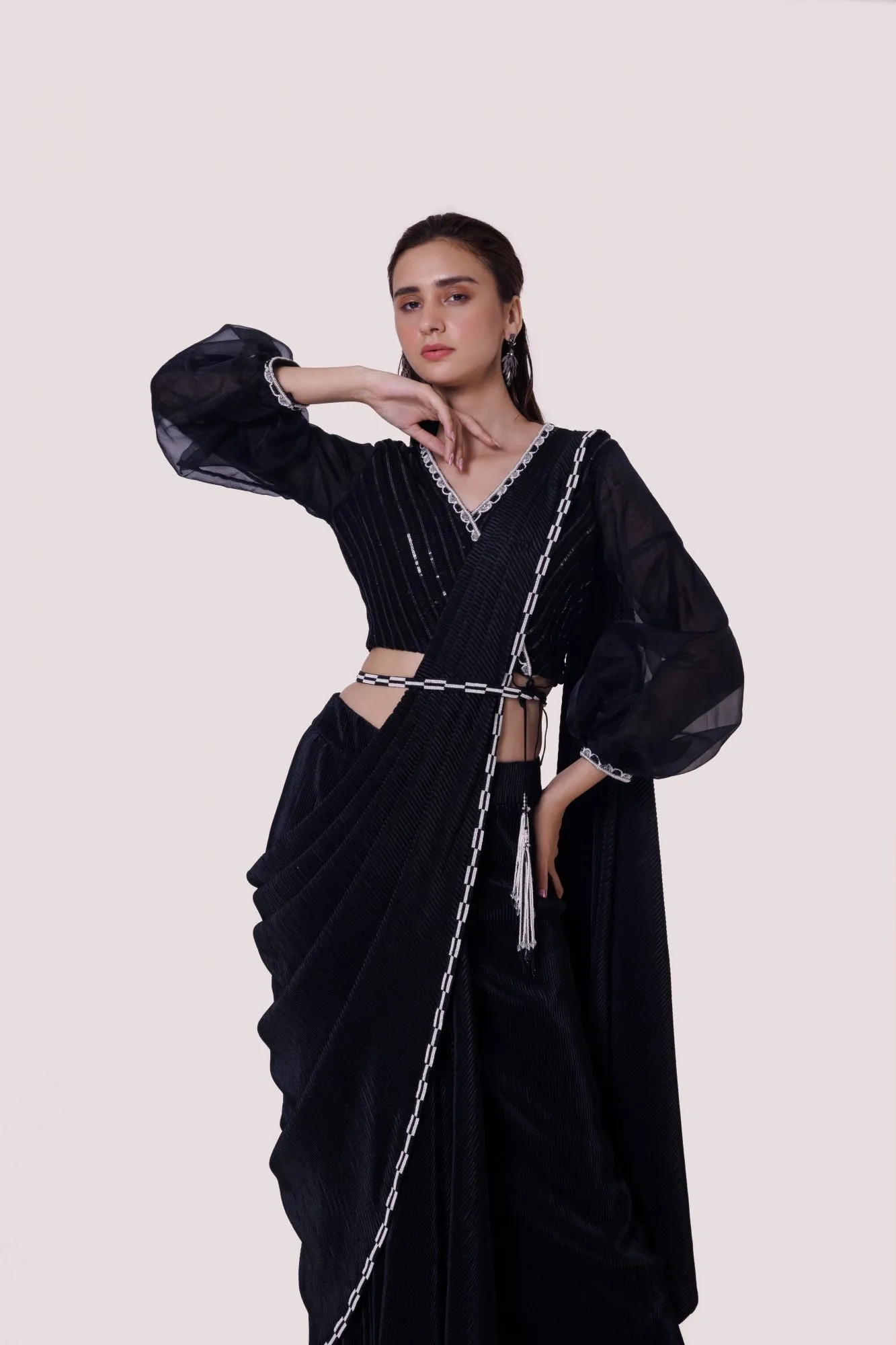 90Z910-RO Black Drape Saree Set With Moti Work