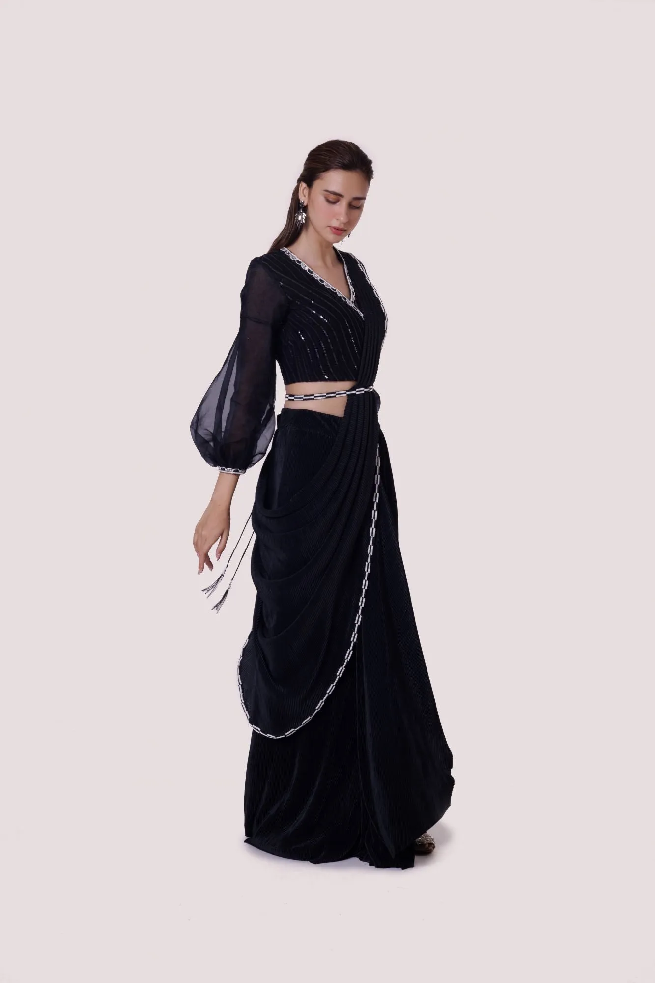 90Z910-RO Black Drape Saree Set With Moti Work