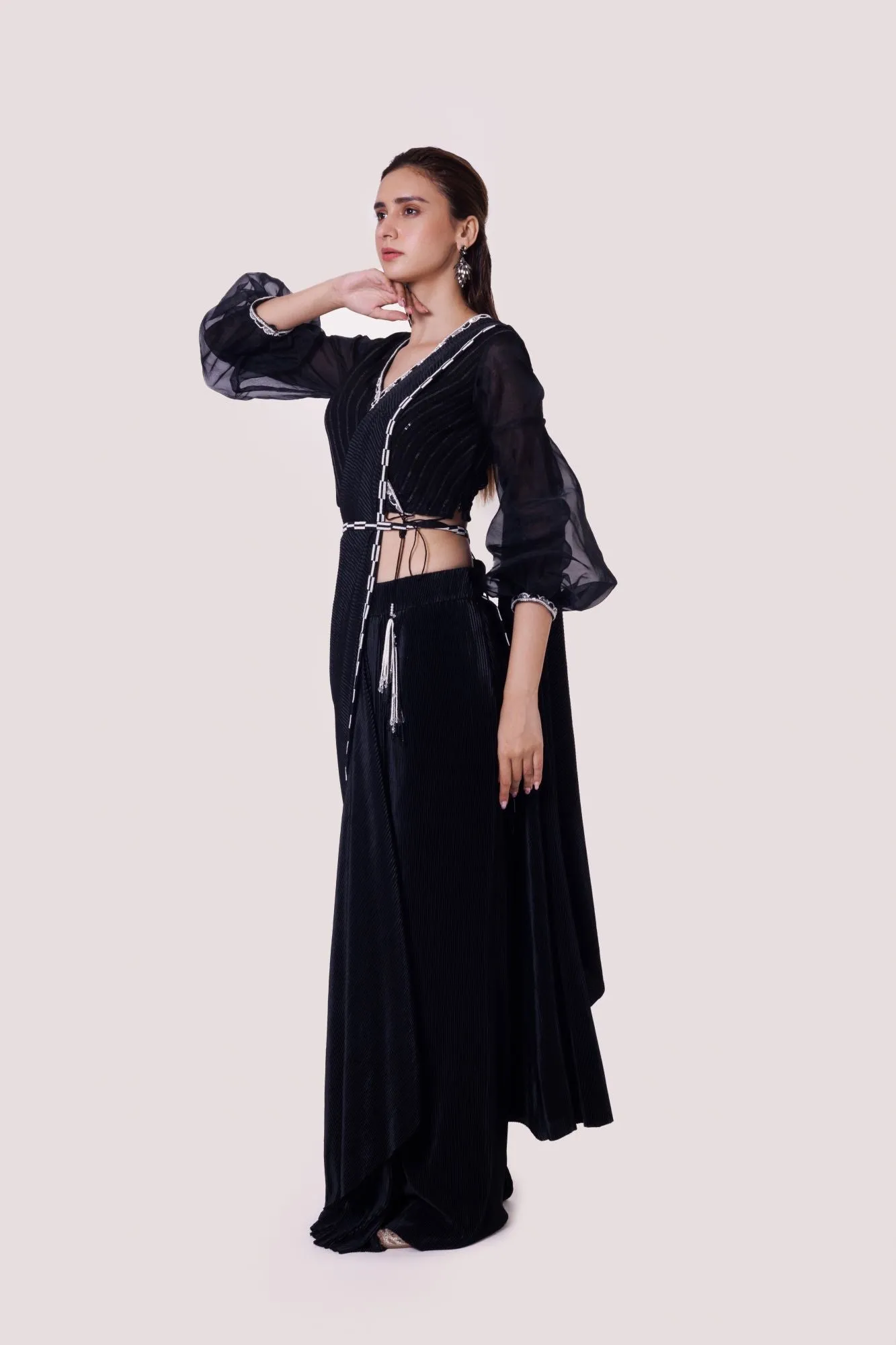 90Z910-RO Black Drape Saree Set With Moti Work