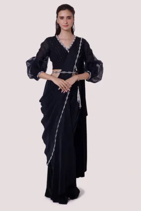 90Z910-RO Black Drape Saree Set With Moti Work