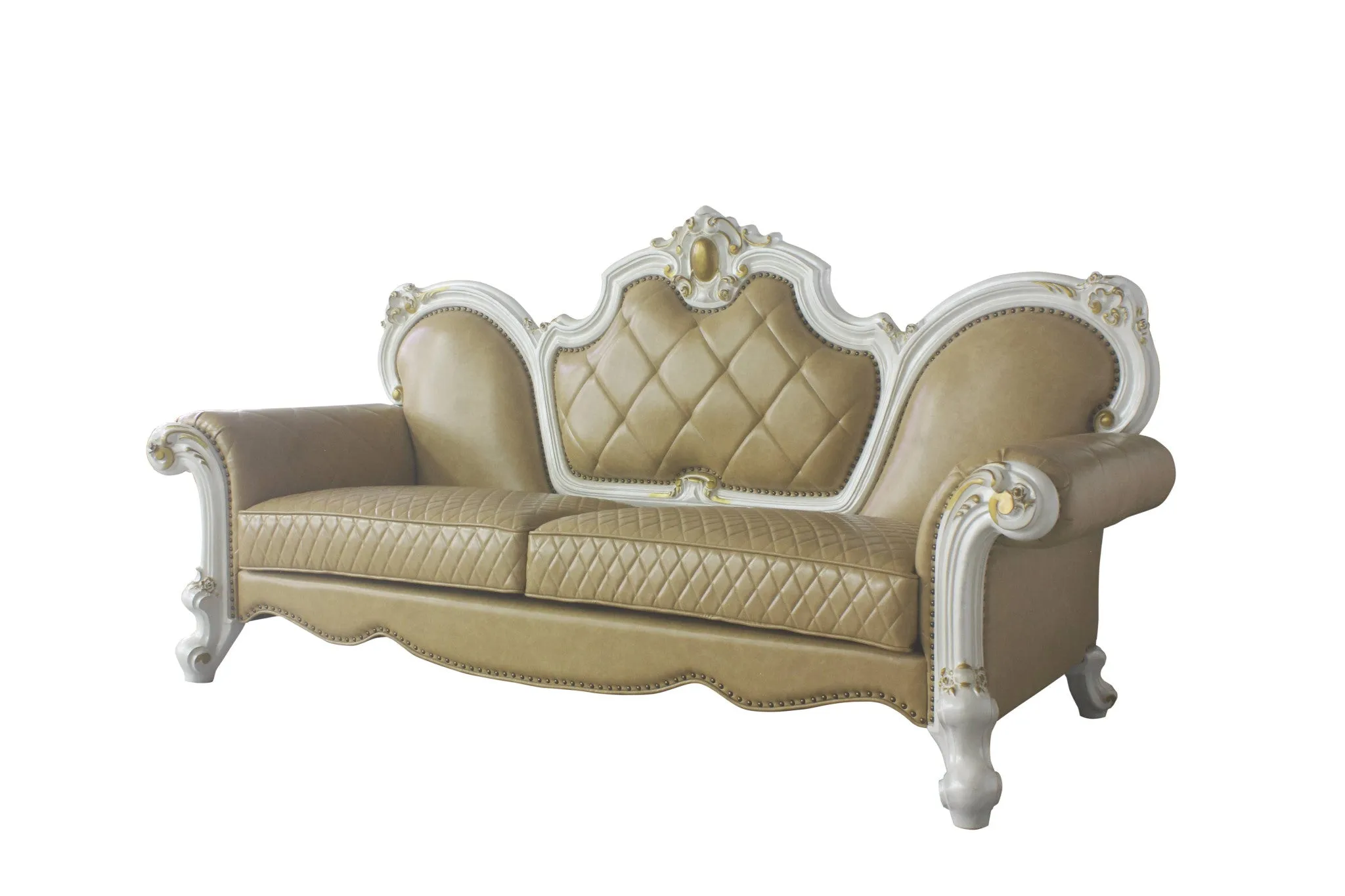 93 Butterscotch Faux Leather And Pearl Sofa With Five Toss Pillows