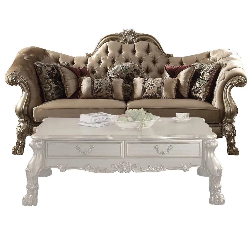 96 Bone Polyurethane, Velvet And Gold Sofa With Seven Toss Pillows