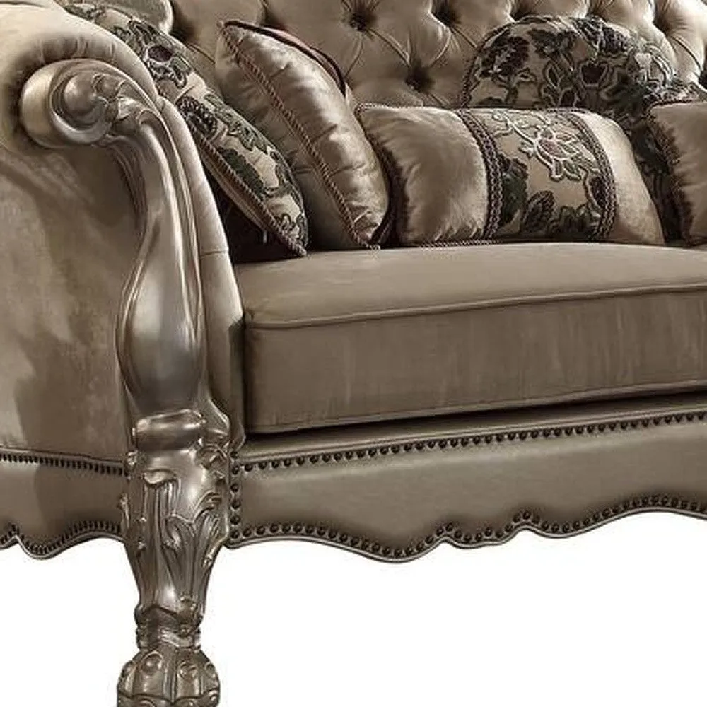 96 Bone Polyurethane, Velvet And Gold Sofa With Seven Toss Pillows