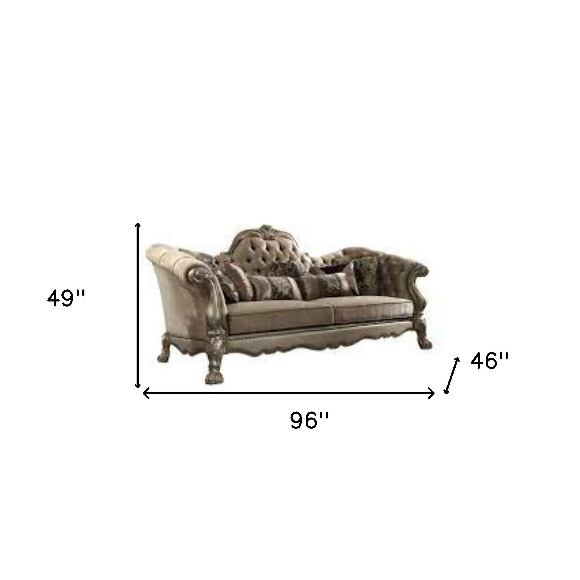 96 Bone Polyurethane, Velvet And Gold Sofa With Seven Toss Pillows