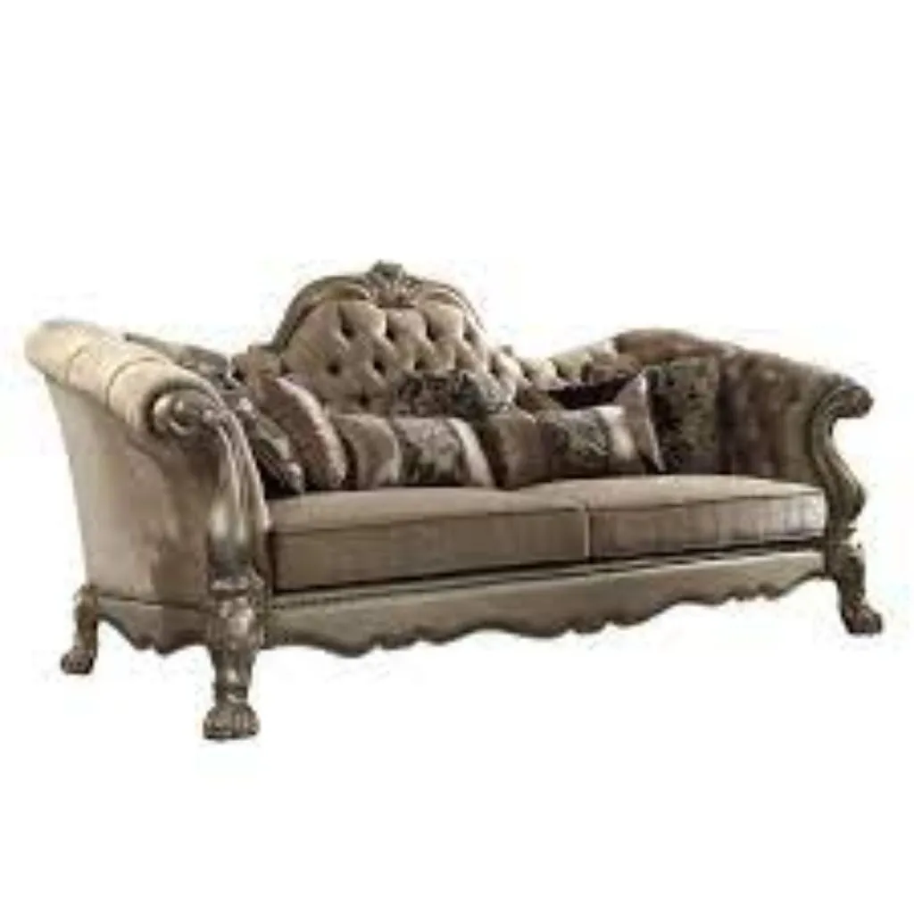 96 Bone Polyurethane, Velvet And Gold Sofa With Seven Toss Pillows