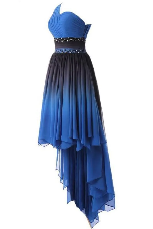 A Line One Shoulder Ombre Chiffon Blue Ruffles Prom Dresses Homecoming Dresses