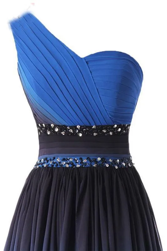 A Line One Shoulder Ombre Chiffon Blue Ruffles Prom Dresses Homecoming Dresses