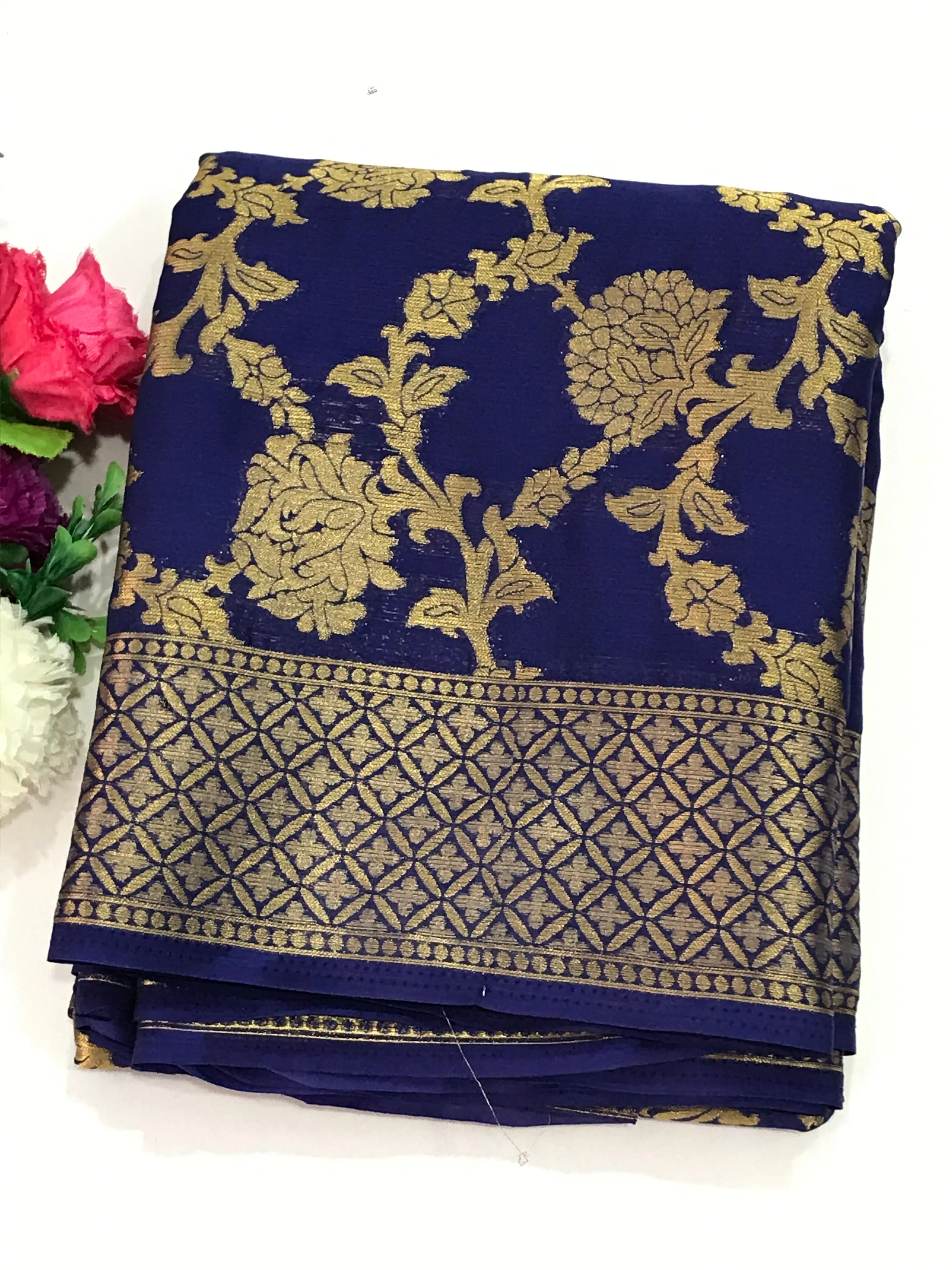 Attractive Blue Color Banarasi Silk Saree With Gold Flower Design And Grand Pallu