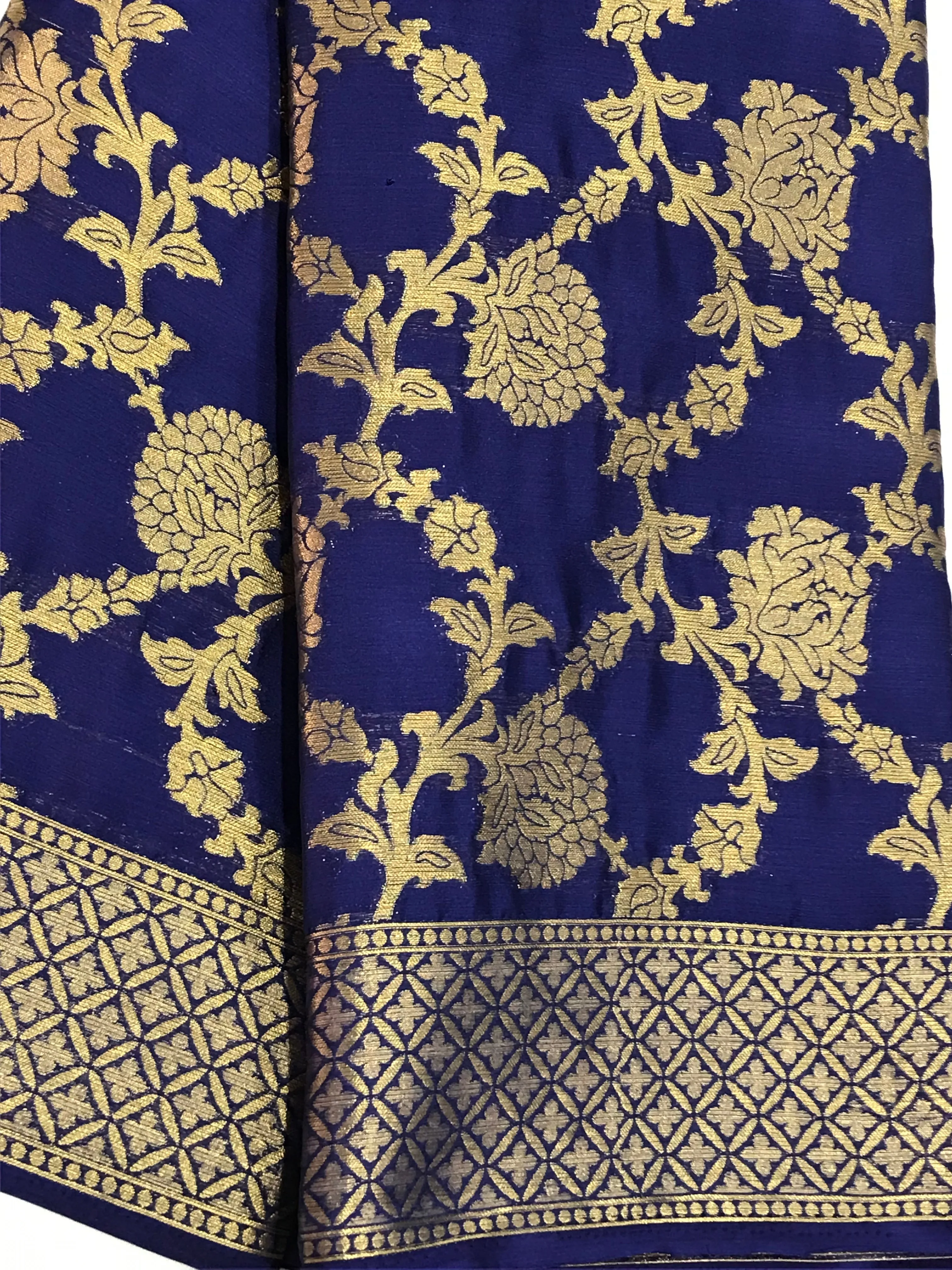 Attractive Blue Color Banarasi Silk Saree With Gold Flower Design And Grand Pallu