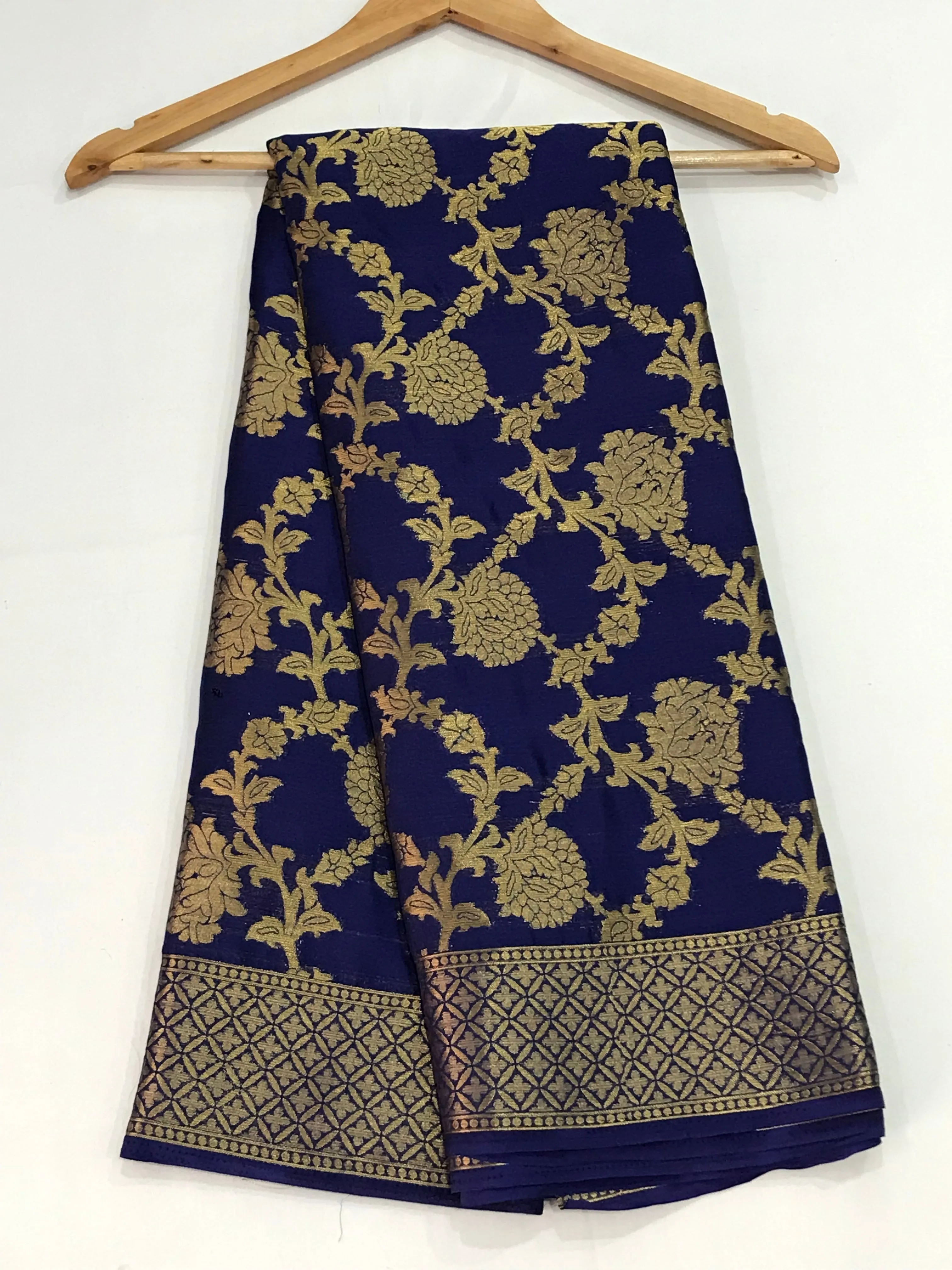 Attractive Blue Color Banarasi Silk Saree With Gold Flower Design And Grand Pallu